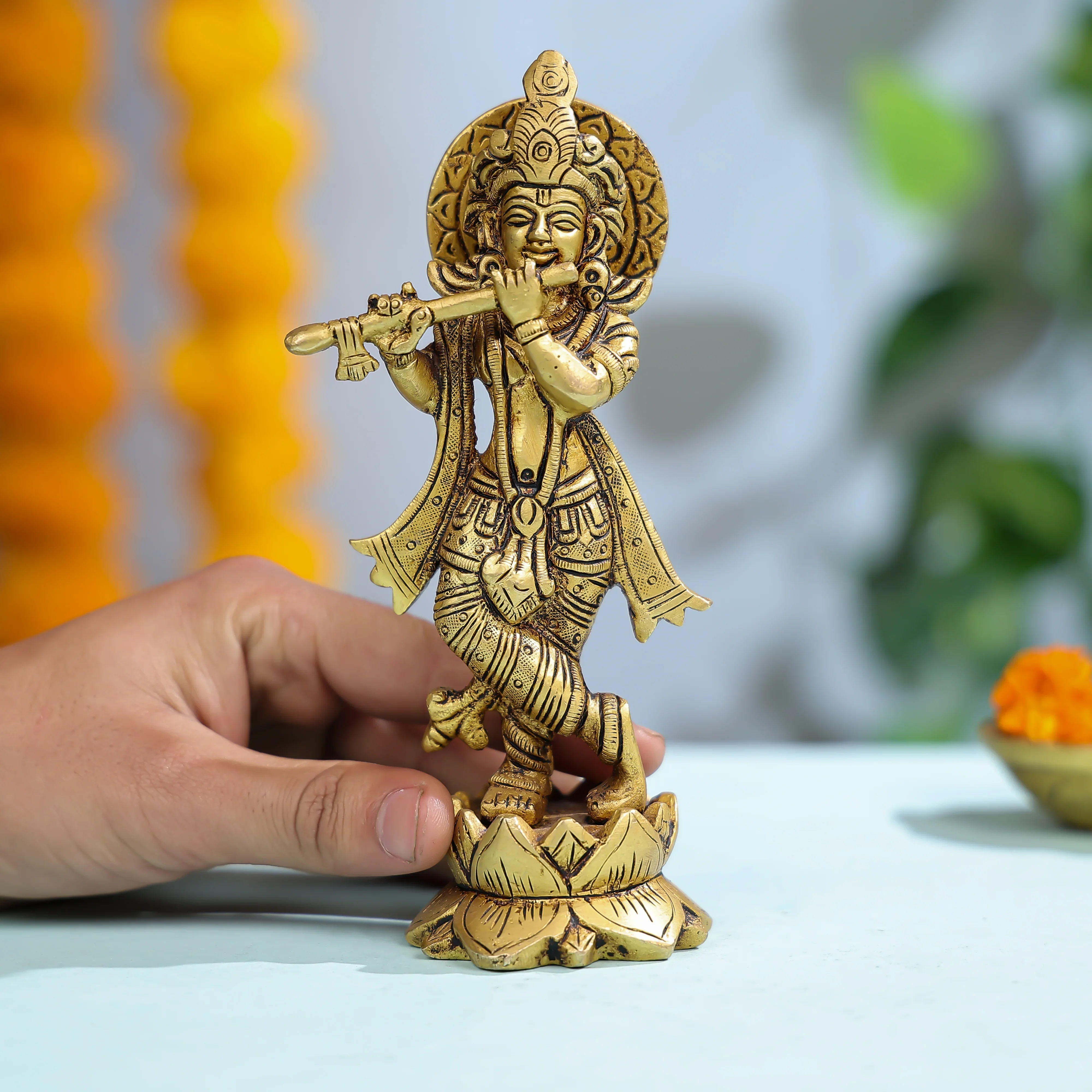 Brass Lord Krishna Playing Flute On Lotus Base - Image 5