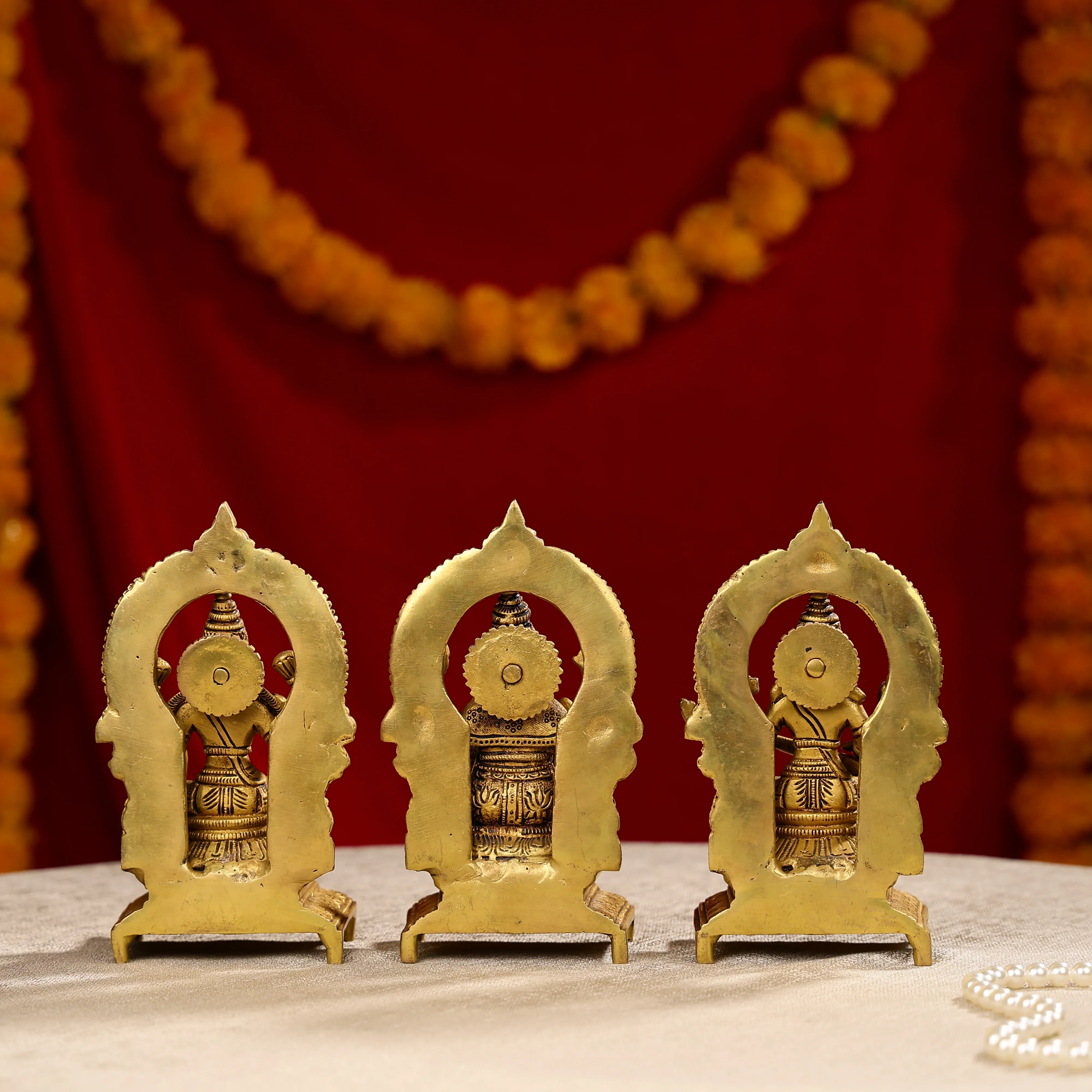 7.5" Brass Lakshmi, Ganesha, And Saraswati Trio Idols Seated On Throne - Image 3
