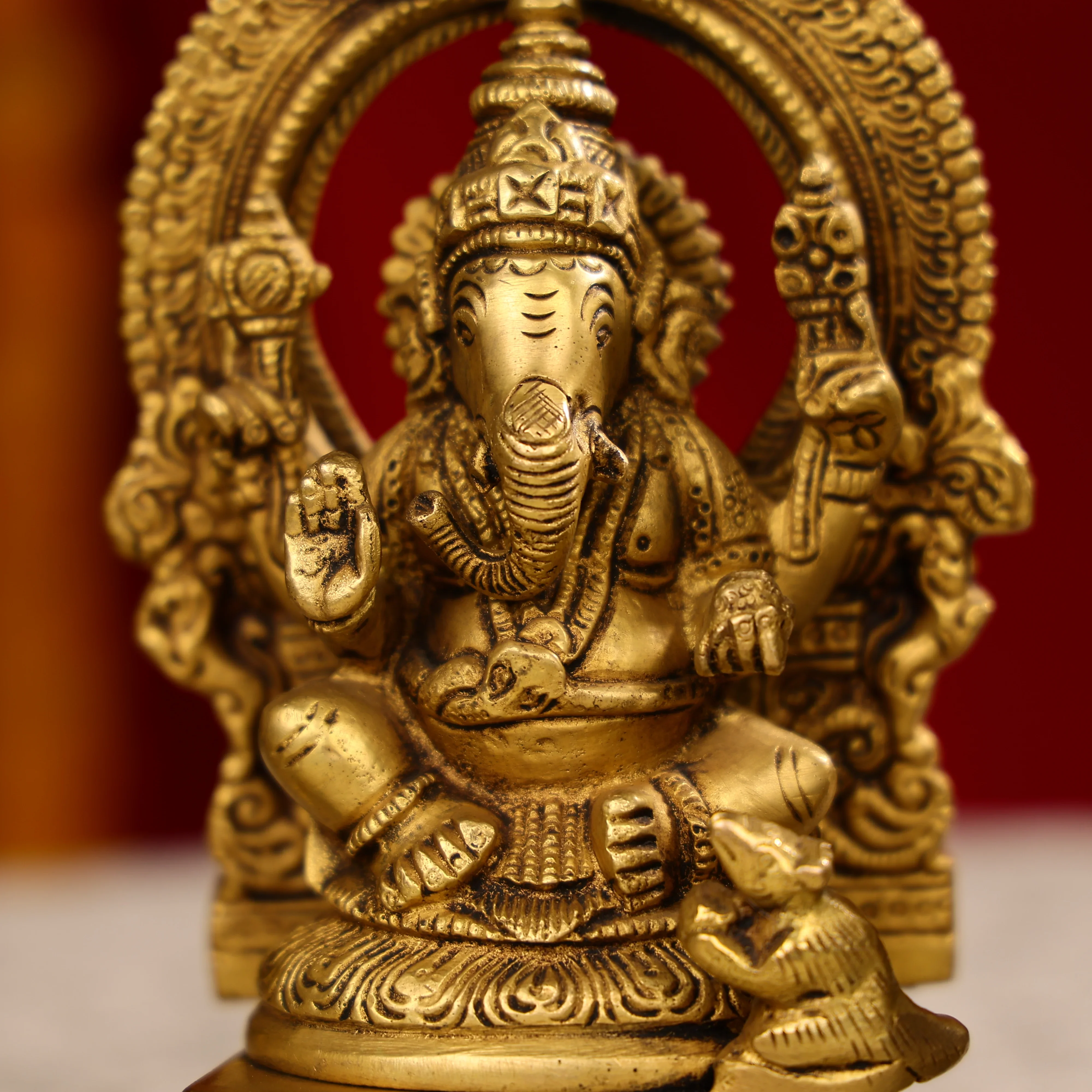 7.5" Brass Lakshmi, Ganesha, And Saraswati Trio Idols Seated On Throne - Image 6