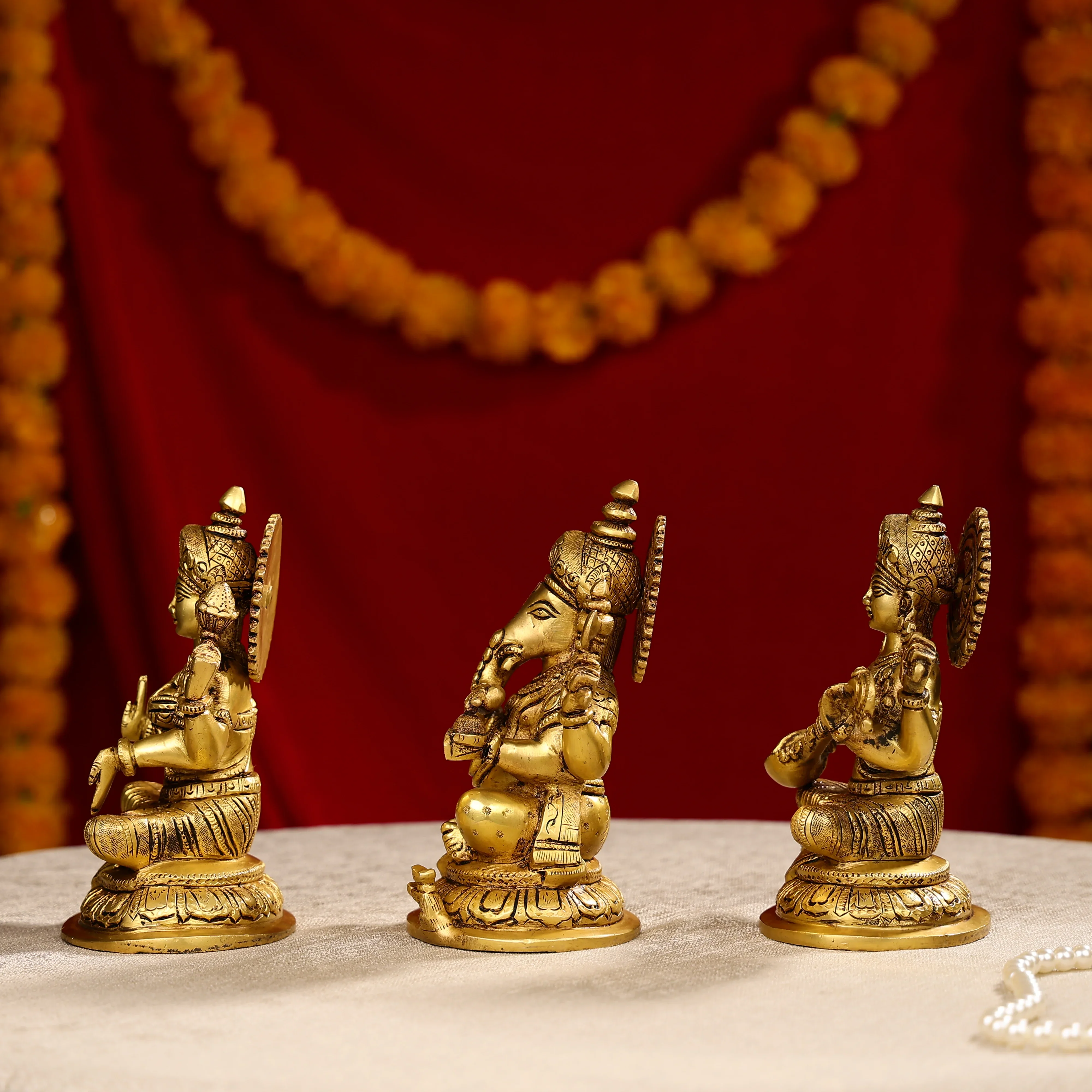 8" Super Fine Brass Laxmi, Ganesha & Saraswati Trio Idols Seated On Oval Base - Image 2