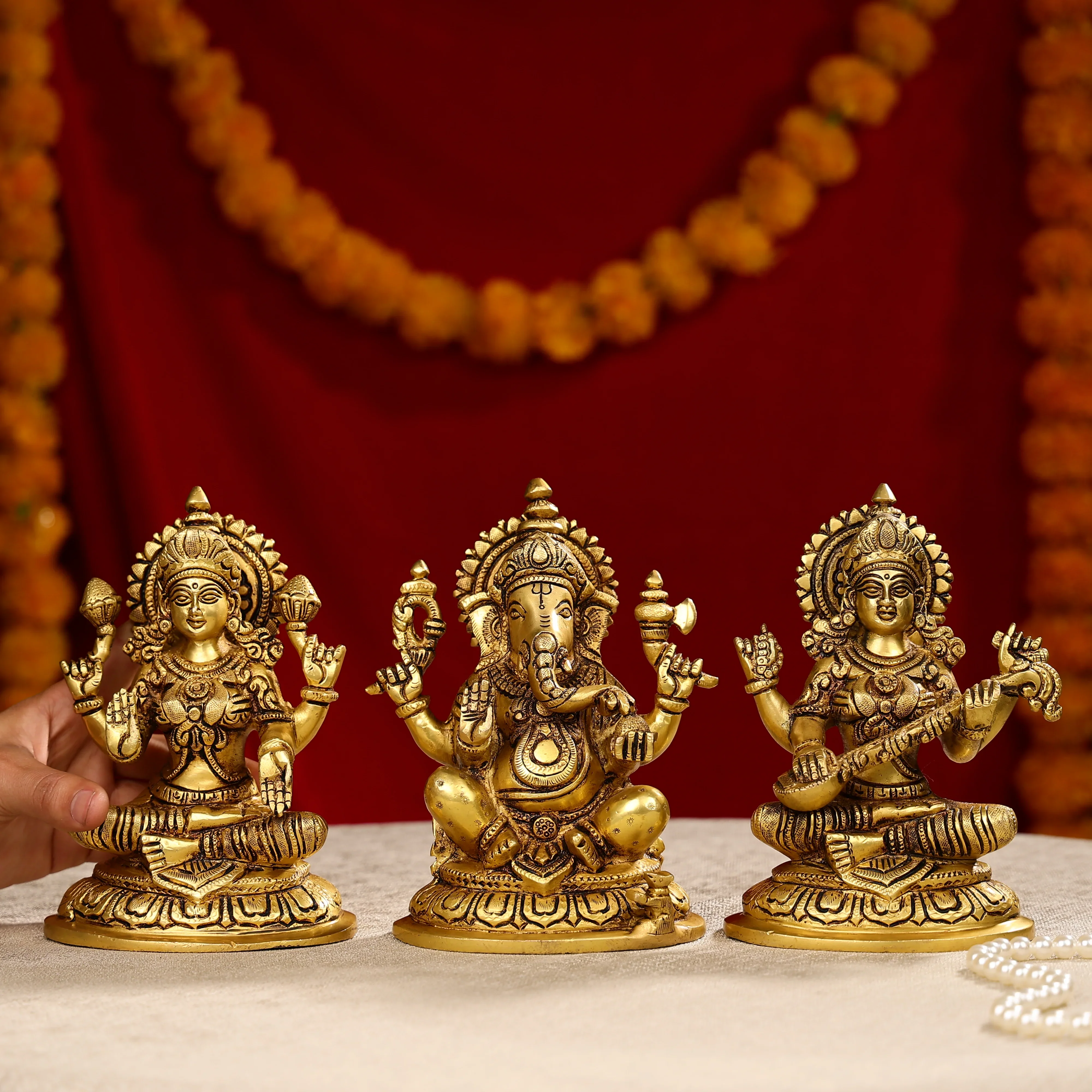 8" Super Fine Brass Laxmi, Ganesha & Saraswati Trio Idols Seated On Oval Base - Image 5
