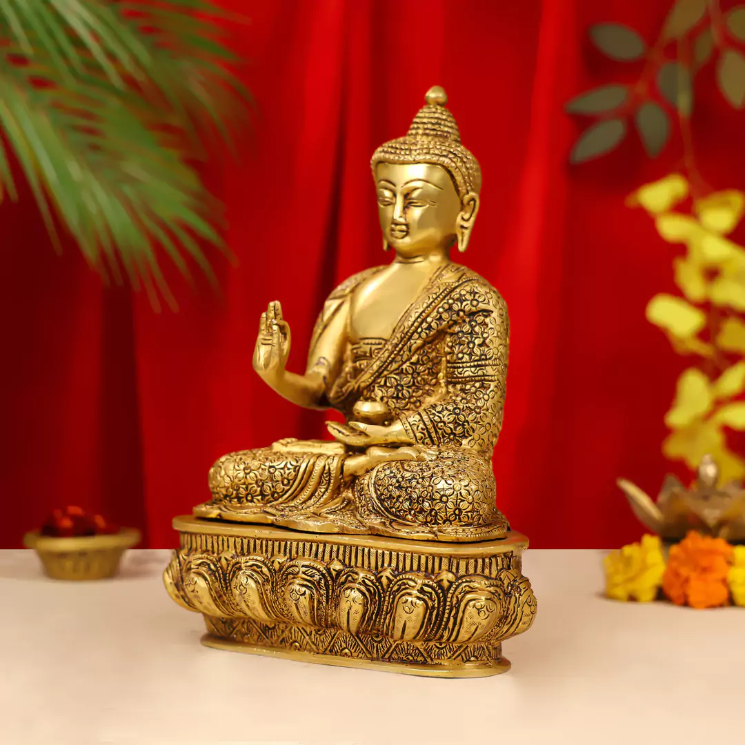 10" Brass Lord Buddha Idol Sitting On Lotus Base - Image 3