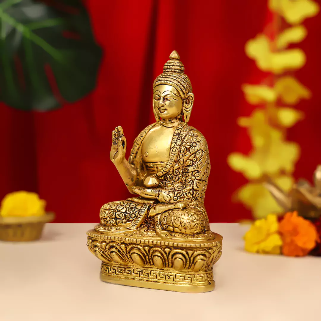 8" Brass Lord Buddha Idol Sitting On Lotus Base - Image 3