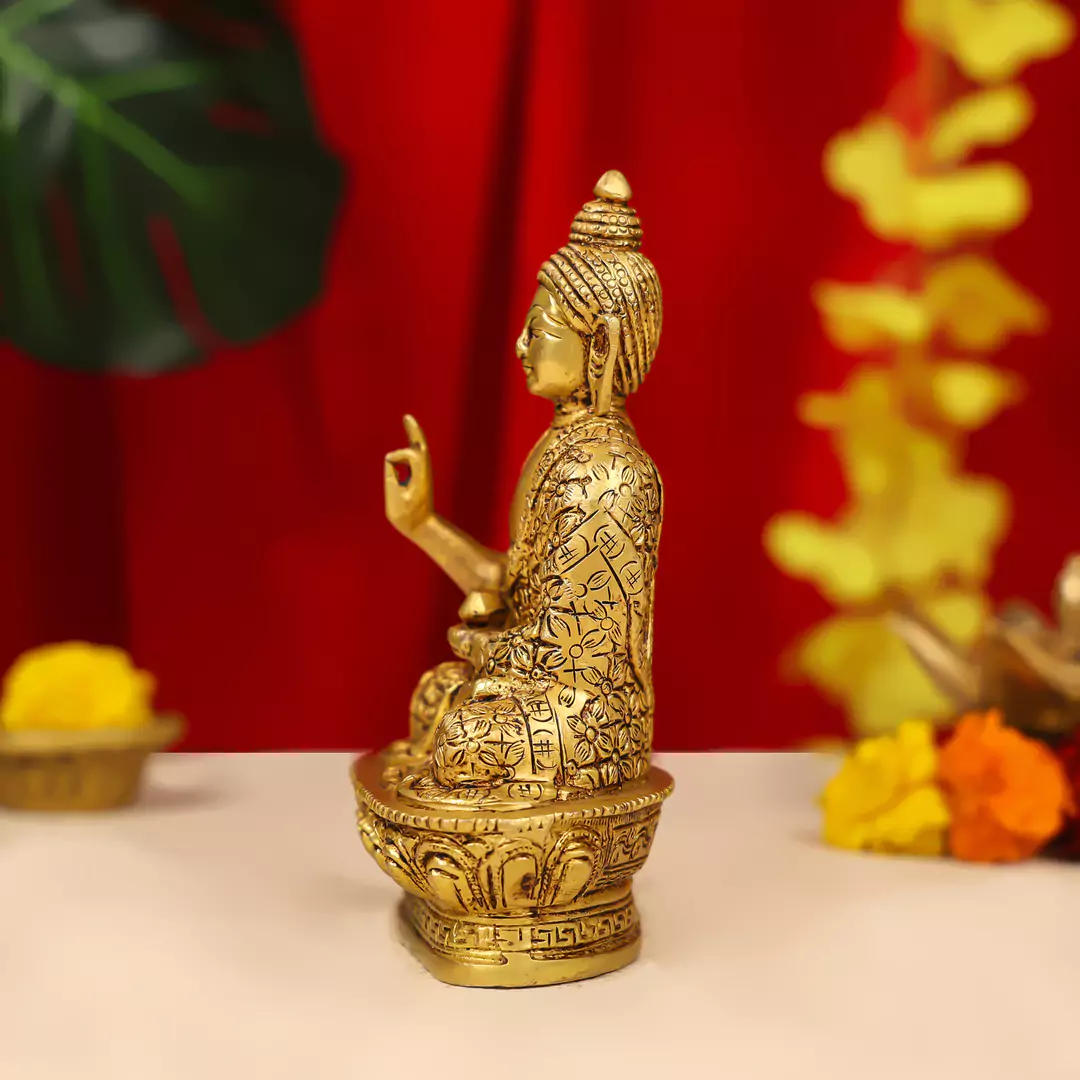 8" Brass Lord Buddha Idol Sitting On Lotus Base - Image 4