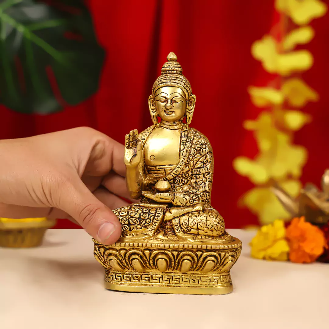 8" Brass Lord Buddha Idol Sitting On Lotus Base - Image 6