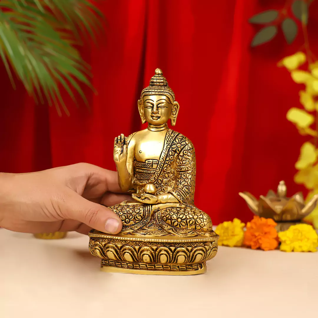 7" Brass Lord Buddha Idol Sitting On Lotus Base - Image 3