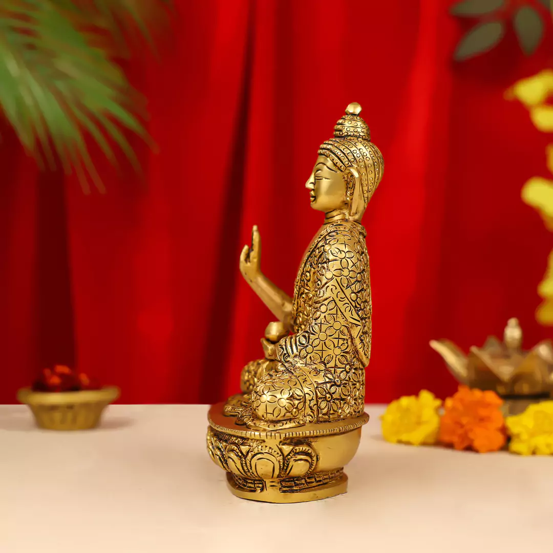 7" Brass Lord Buddha Idol Sitting On Lotus Base - Image 4