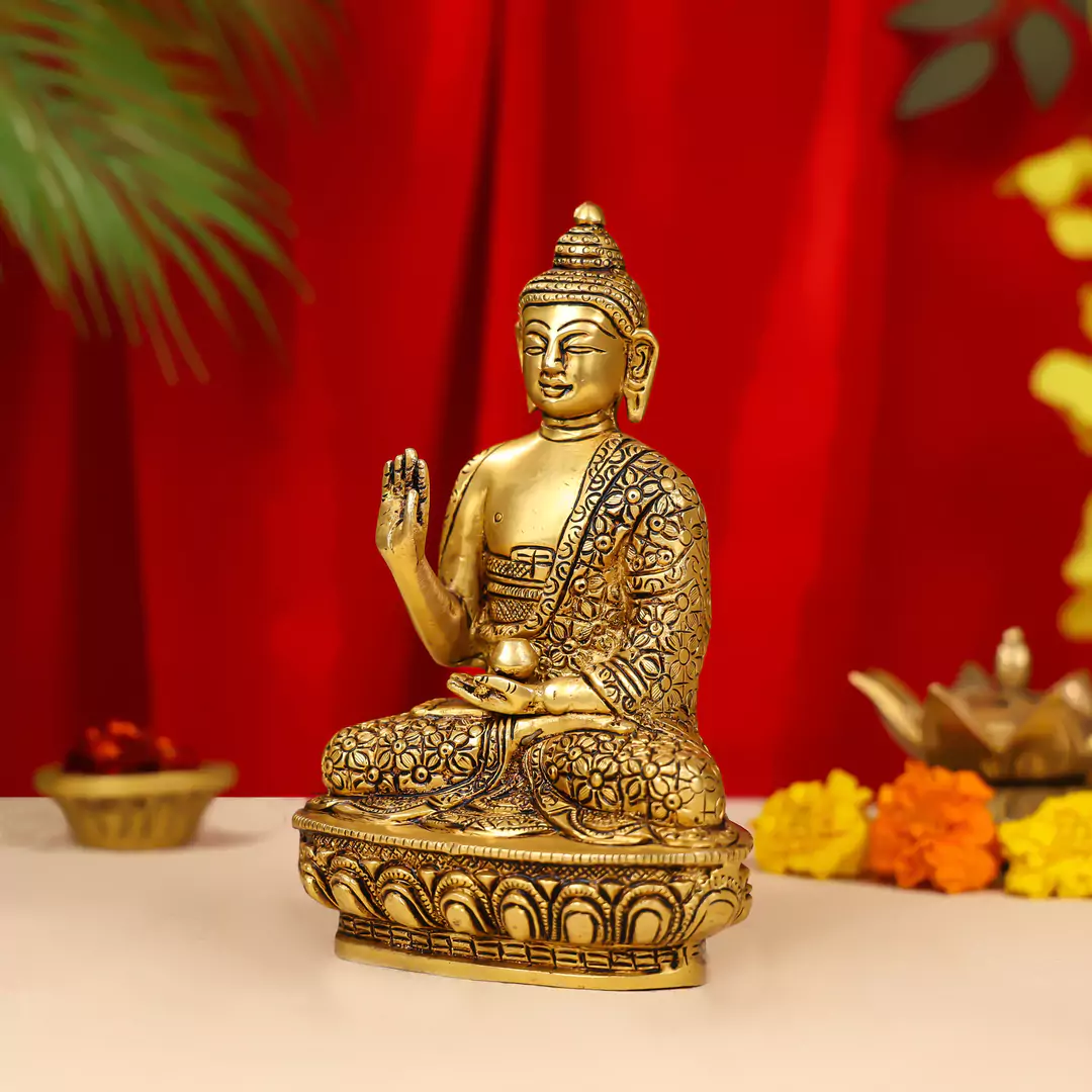 7" Brass Lord Buddha Idol Sitting On Lotus Base - Image 6