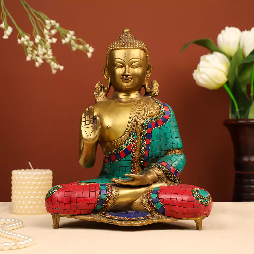 13" Brass Lord Buddha Seated in Vitarka Mudra Idol with Stone Work