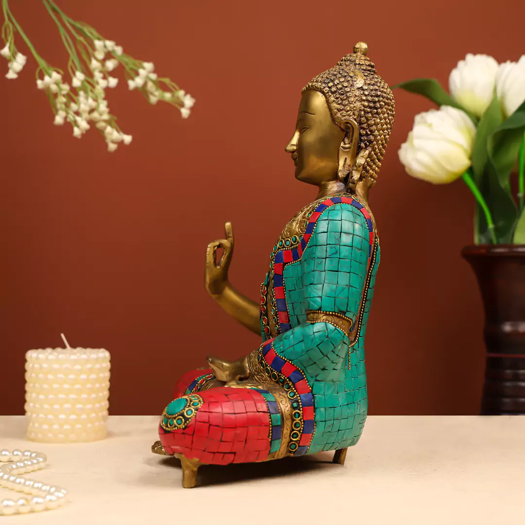 13" Brass Lord Buddha Seated in Vitarka Mudra Idol with Stone Work - Image 2