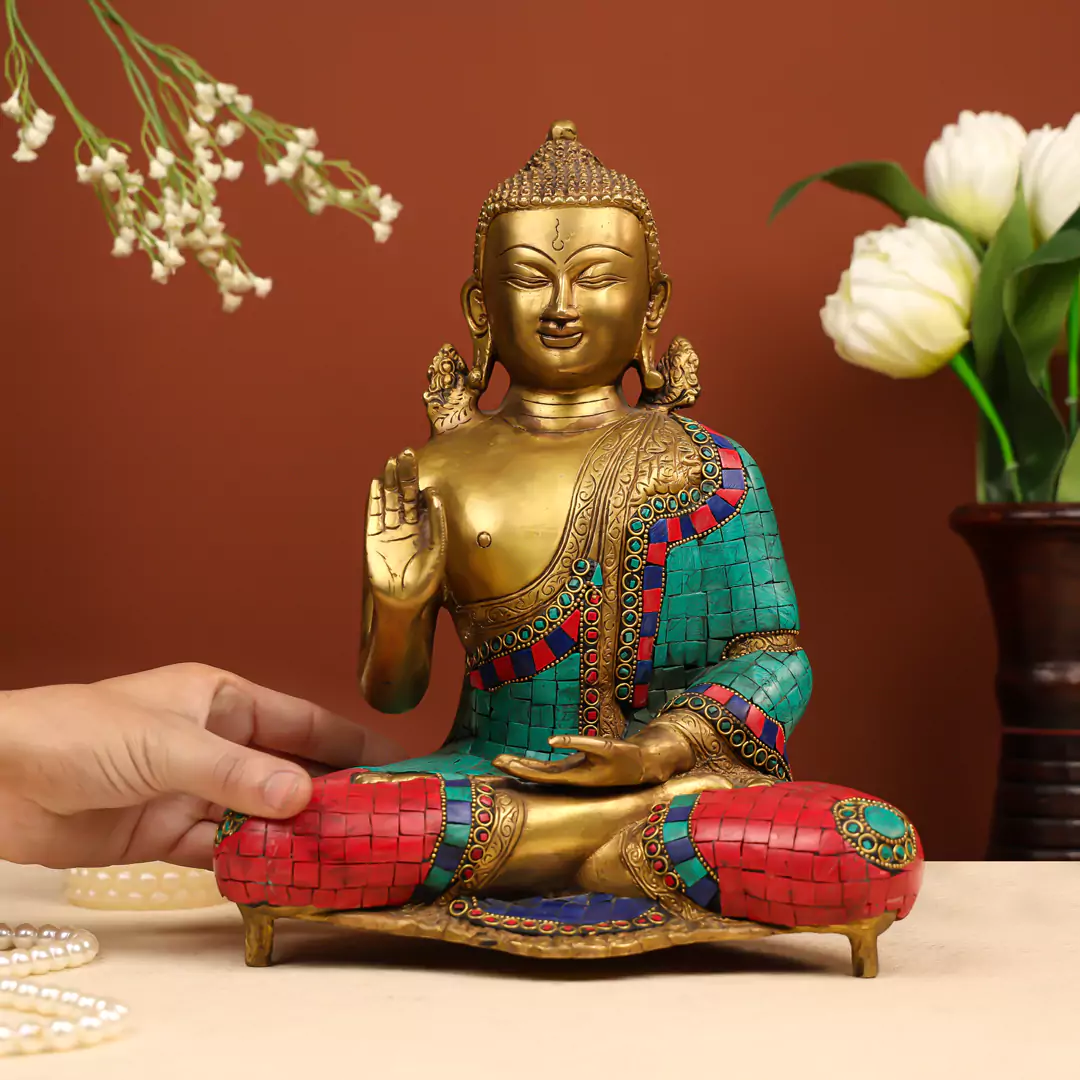 13" Brass Lord Buddha Seated in Vitarka Mudra Idol with Stone Work - Image 4