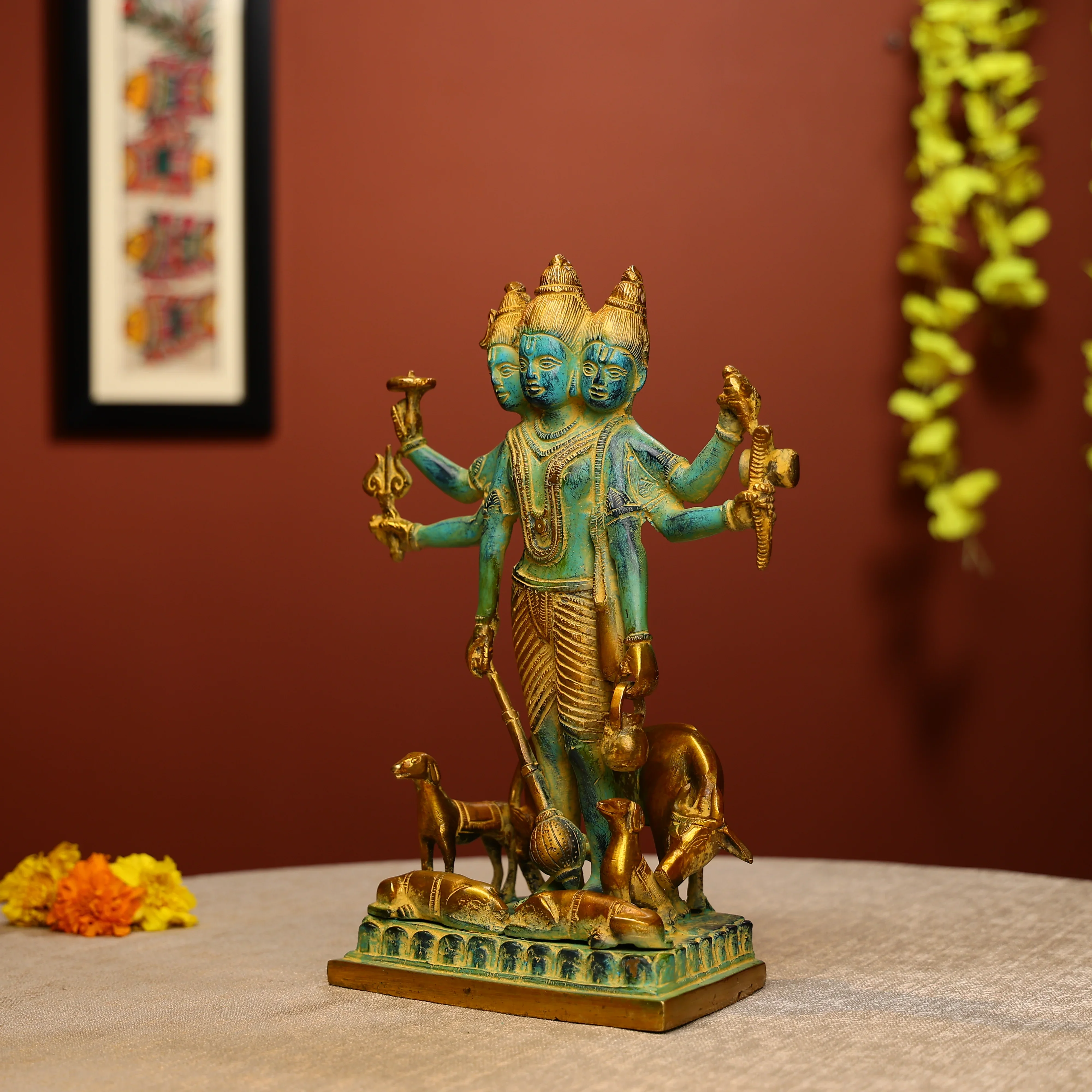 12" Colored Antique FInished Brass Lord Dattatreya Idol - Image 2