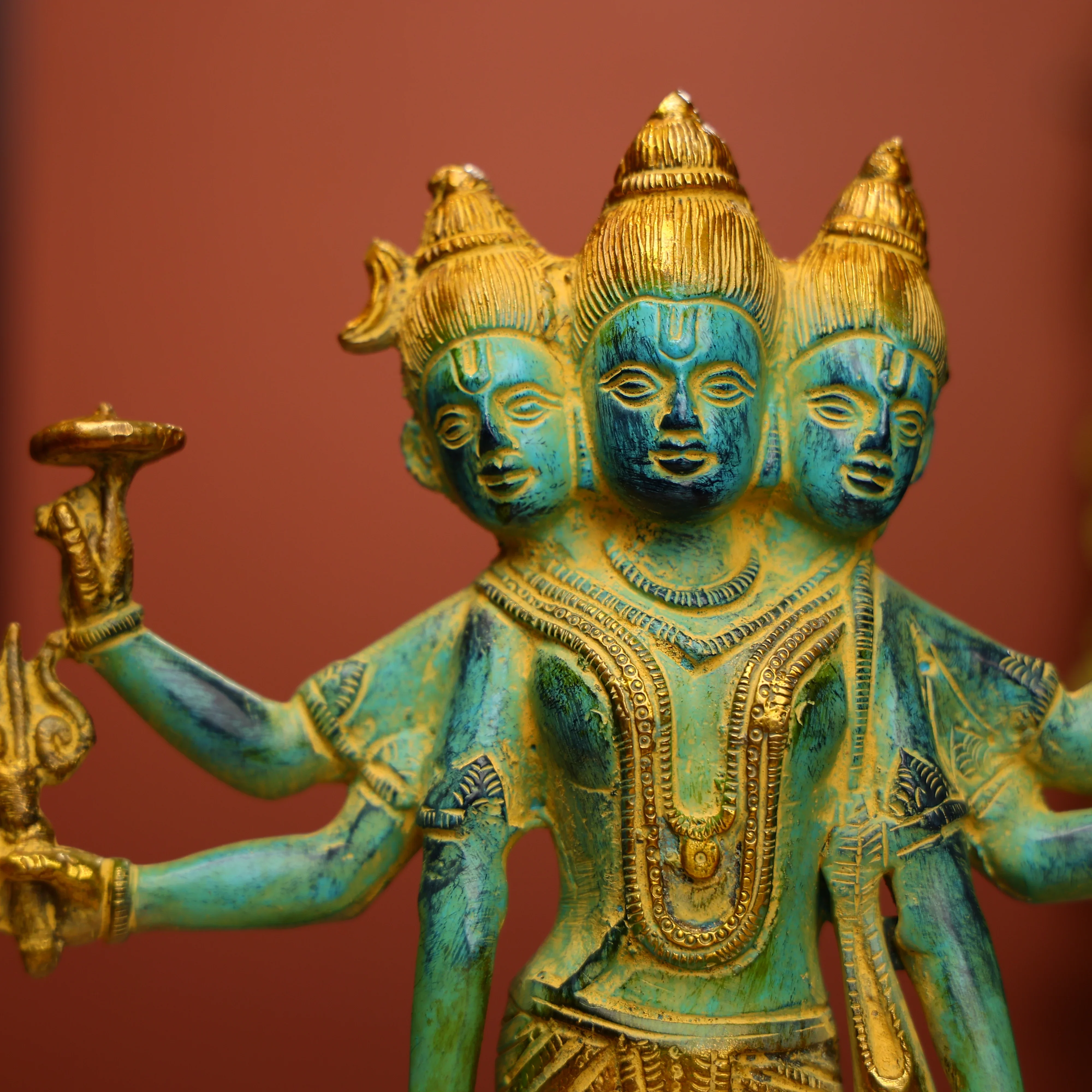 12" Colored Antique FInished Brass Lord Dattatreya Idol - Image 5