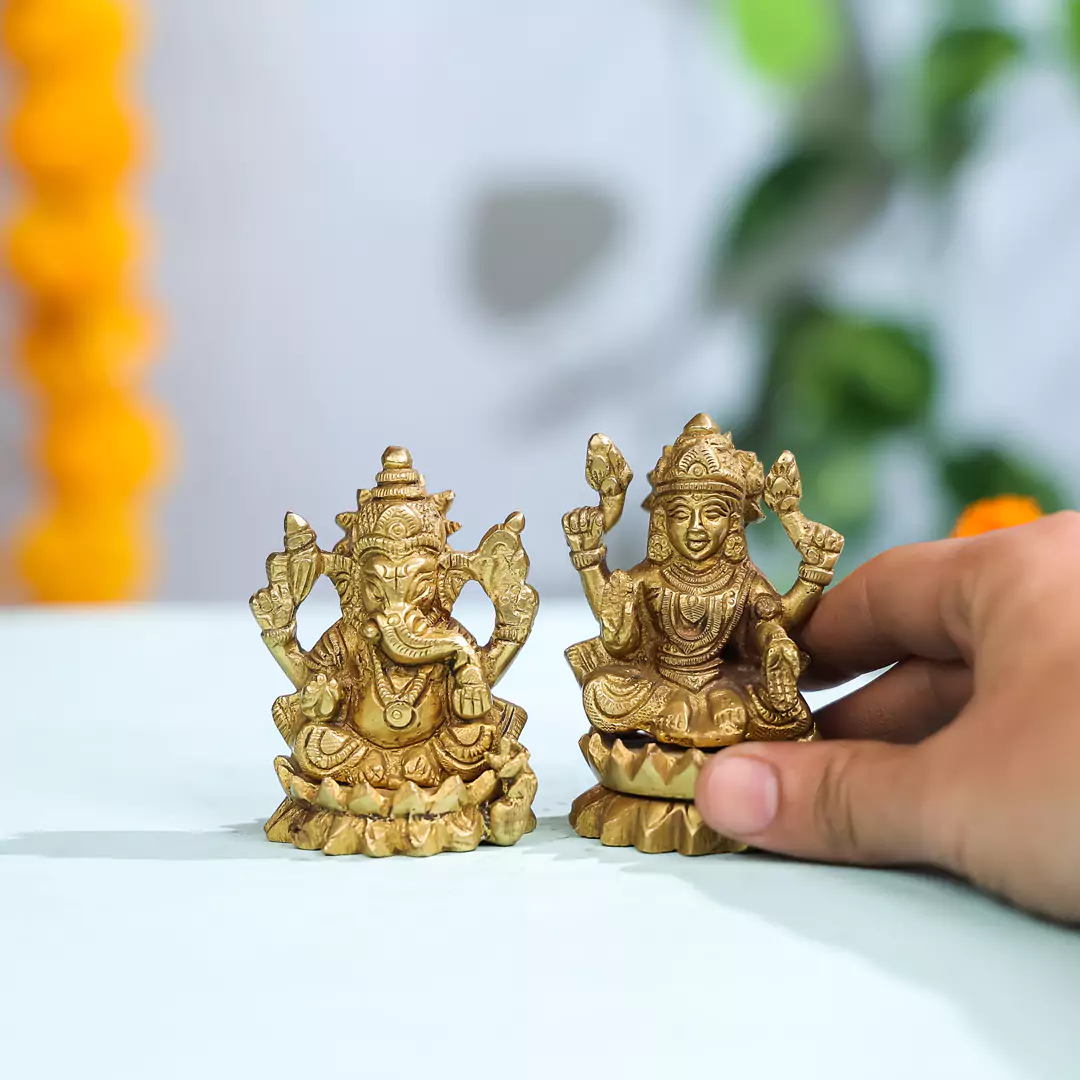 3.5" Brass Lord Ganesha & Laxmi Idol Pair Seated On Lotus Flower - Image 3