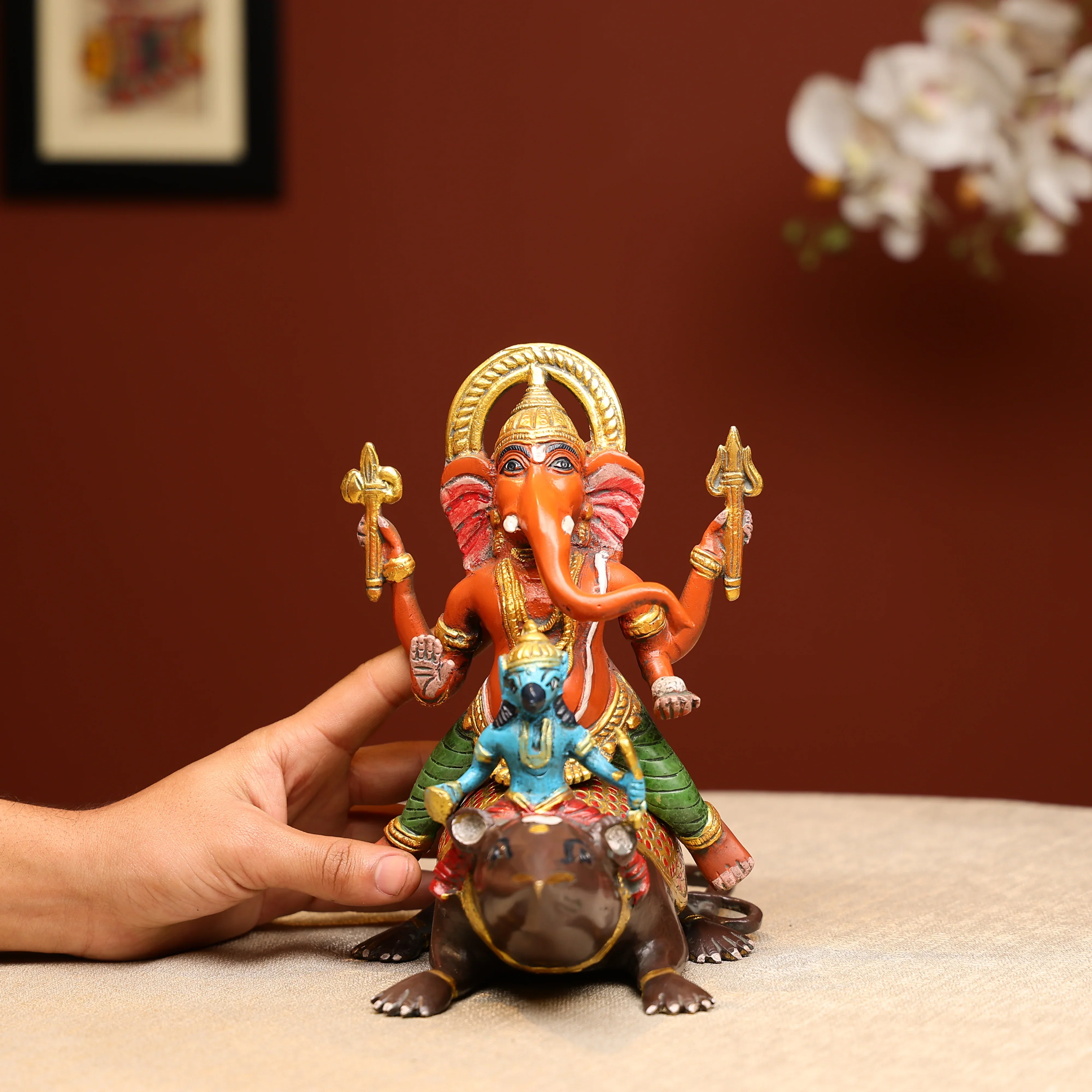 Coloured Brass Lord Ganesha Statue Seated On Mouse - Image 3