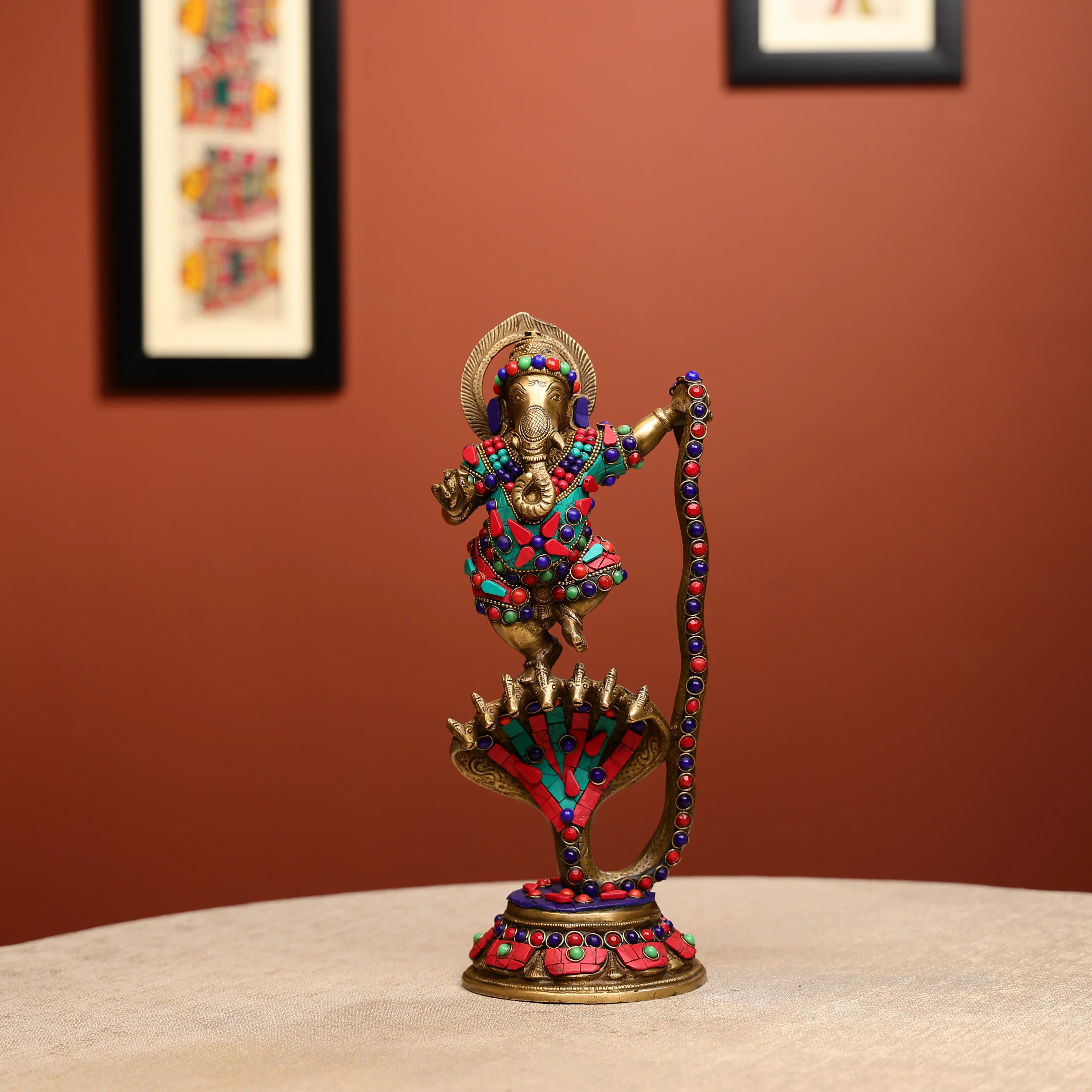 Stone Worked Brass Lord Ganesha Dancing On Kalinga Naga