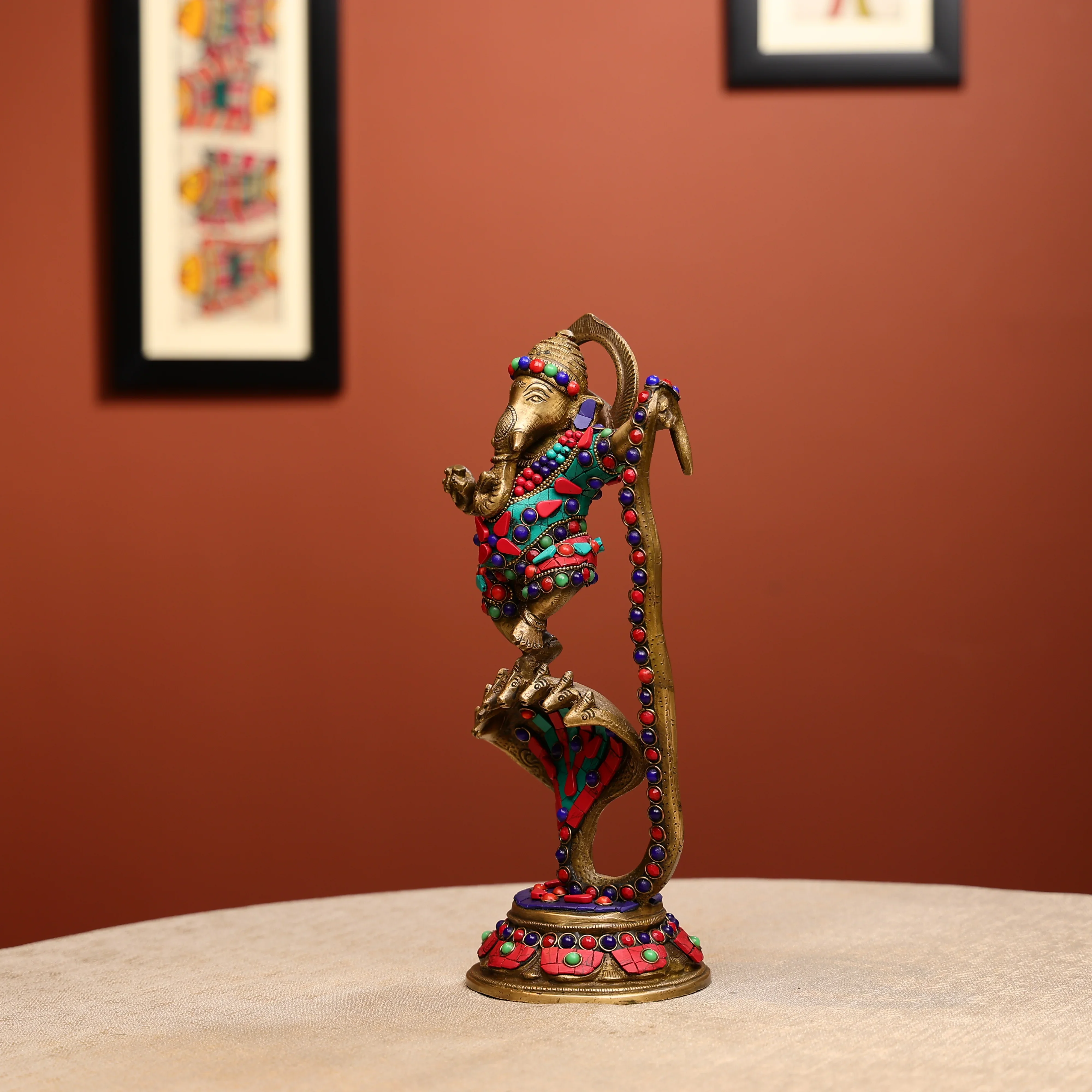 Stone Worked Brass Lord Ganesha Dancing On Kalinga Naga - Image 2