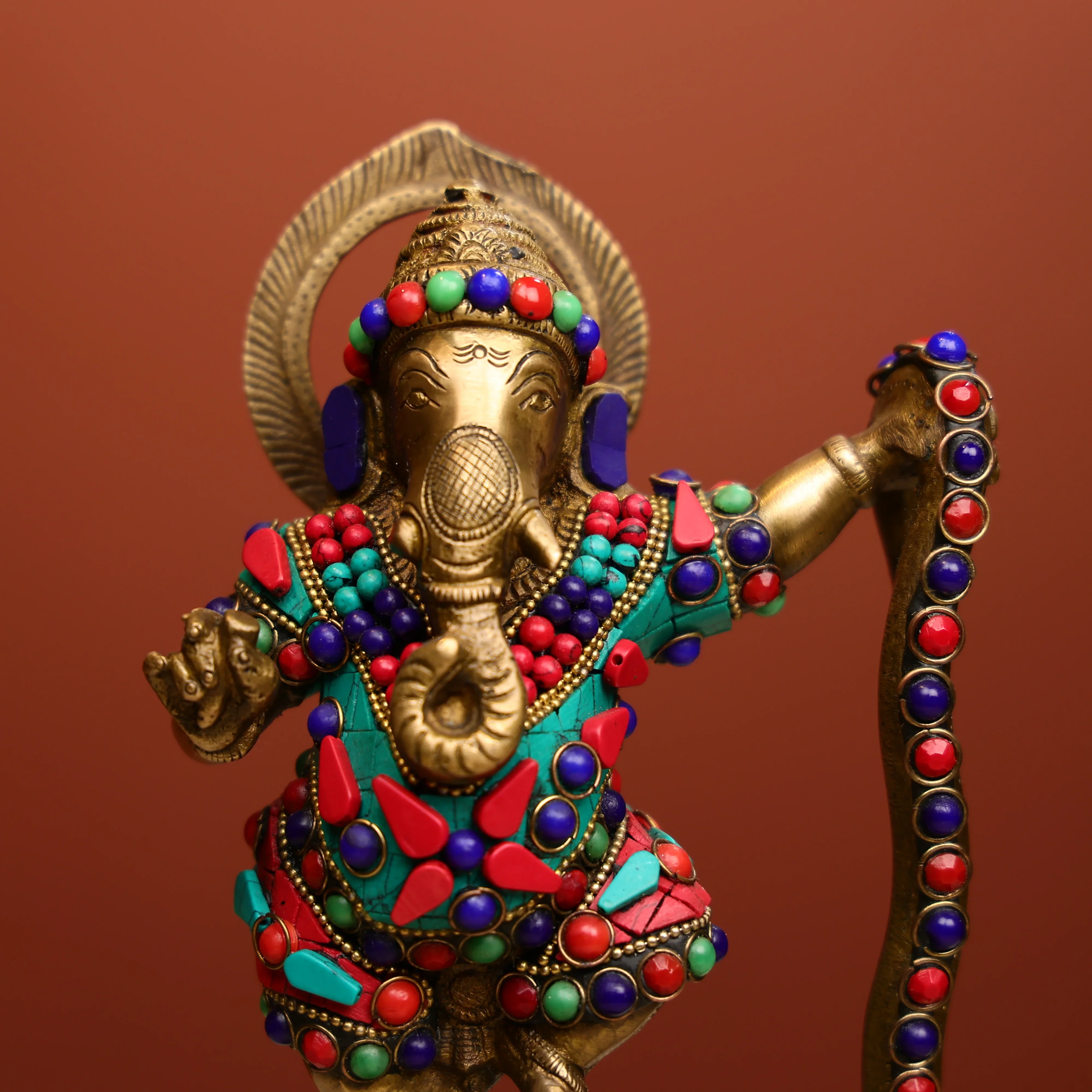 Stone Worked Brass Lord Ganesha Dancing On Kalinga Naga - Image 7