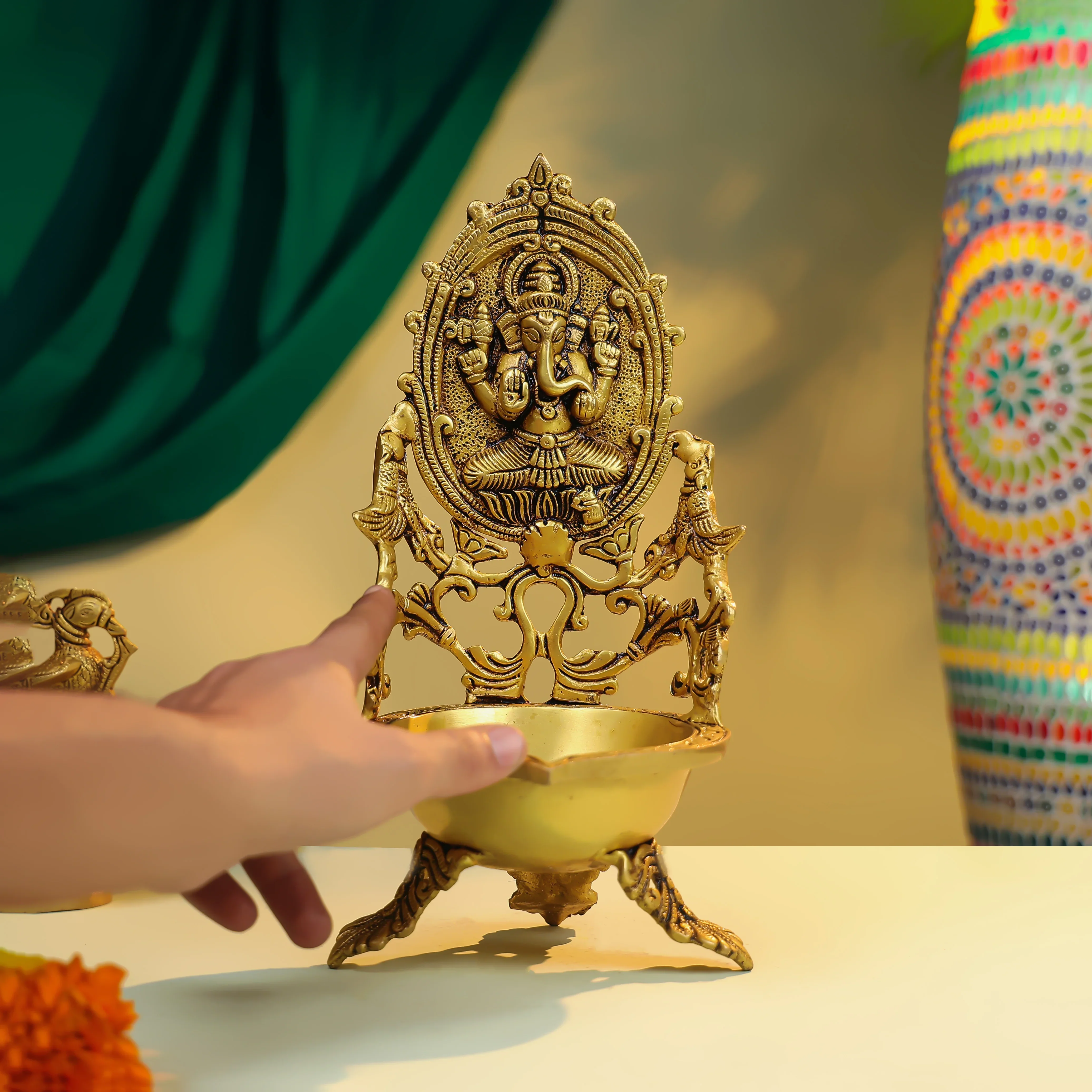 5.5" Brass Lord Ganesha Diya - Large - Image 2
