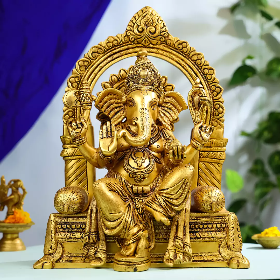 16" Brass Lord Ganesha Idol Seated On Throne