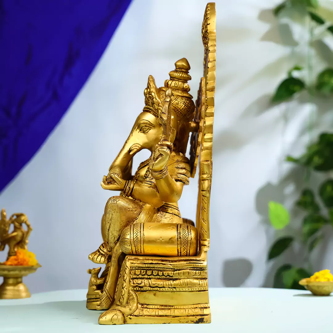 16" Brass Lord Ganesha Idol Seated On Throne - Image 2