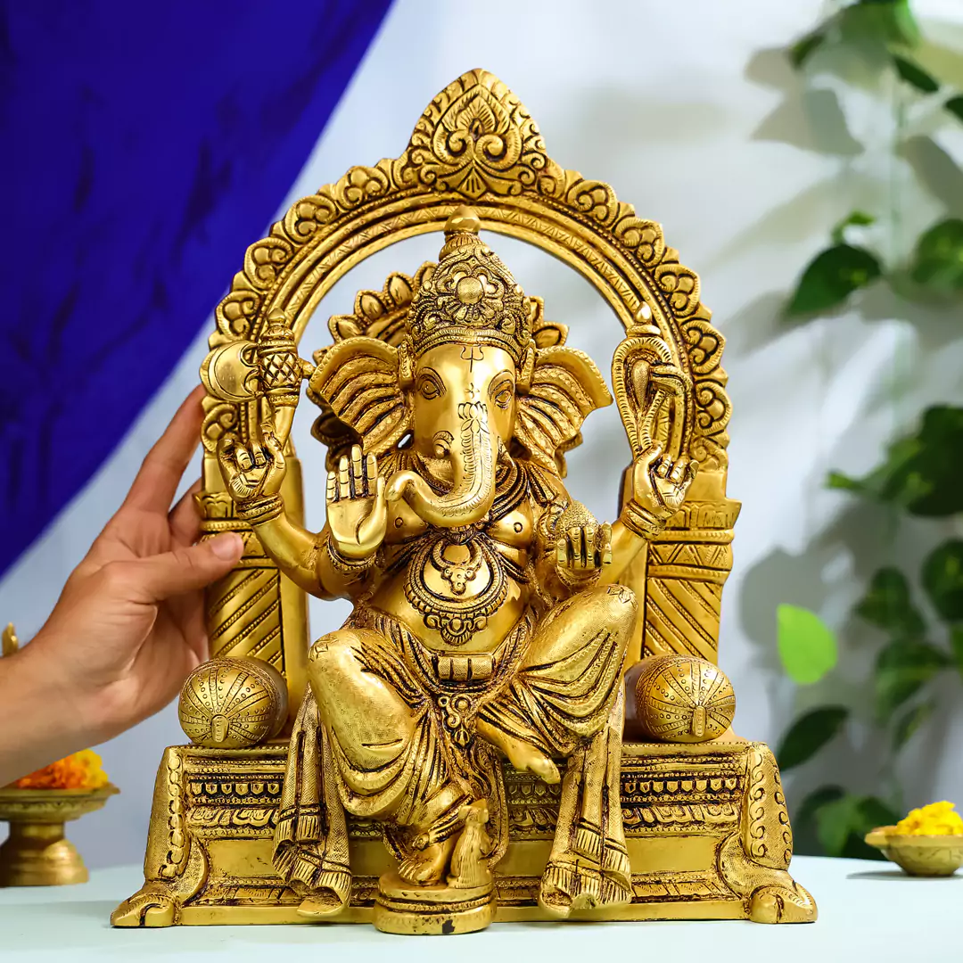 16" Brass Lord Ganesha Idol Seated On Throne - Image 3