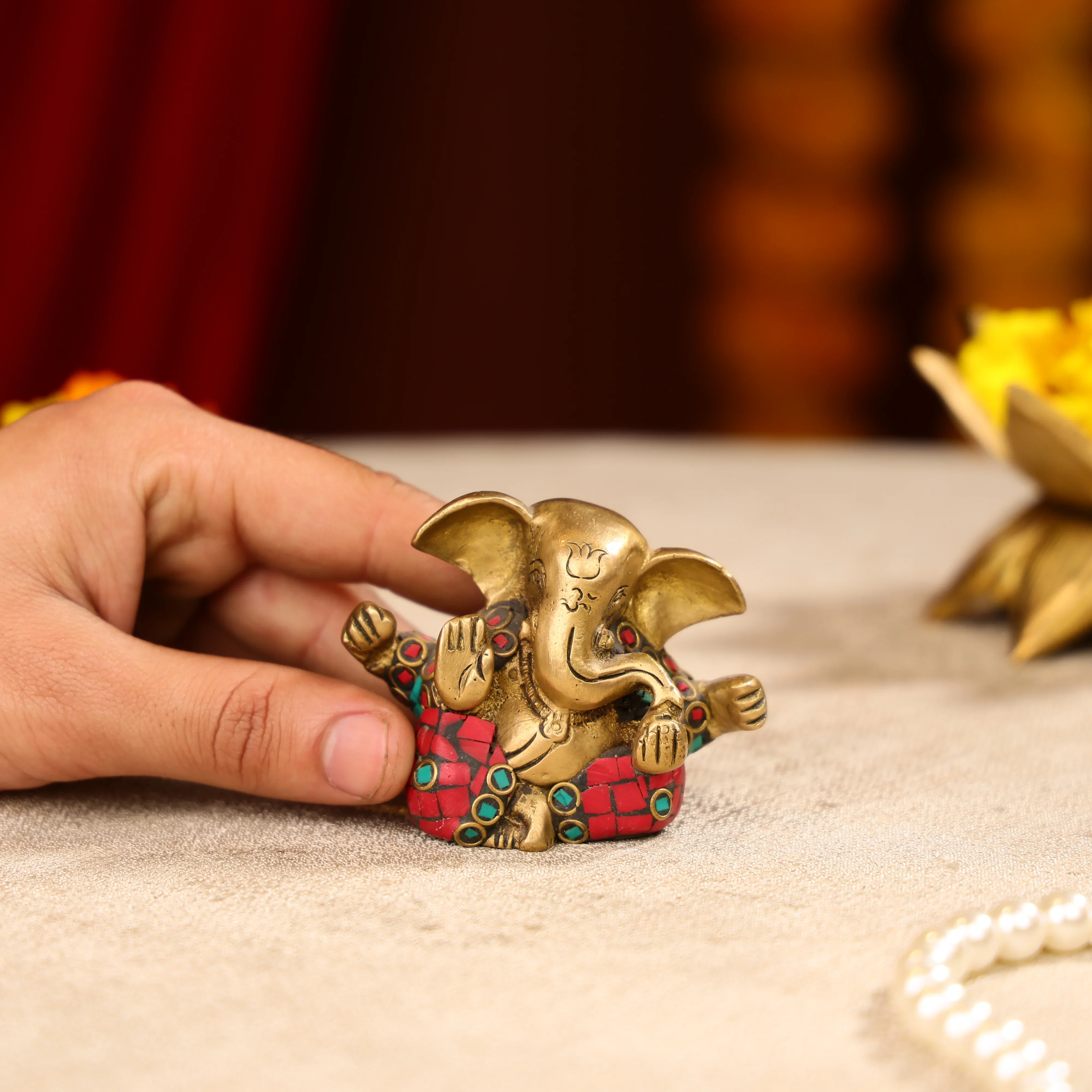 Brass Lord Ganesha Idol With Colourful Traditional Attire - Image 2