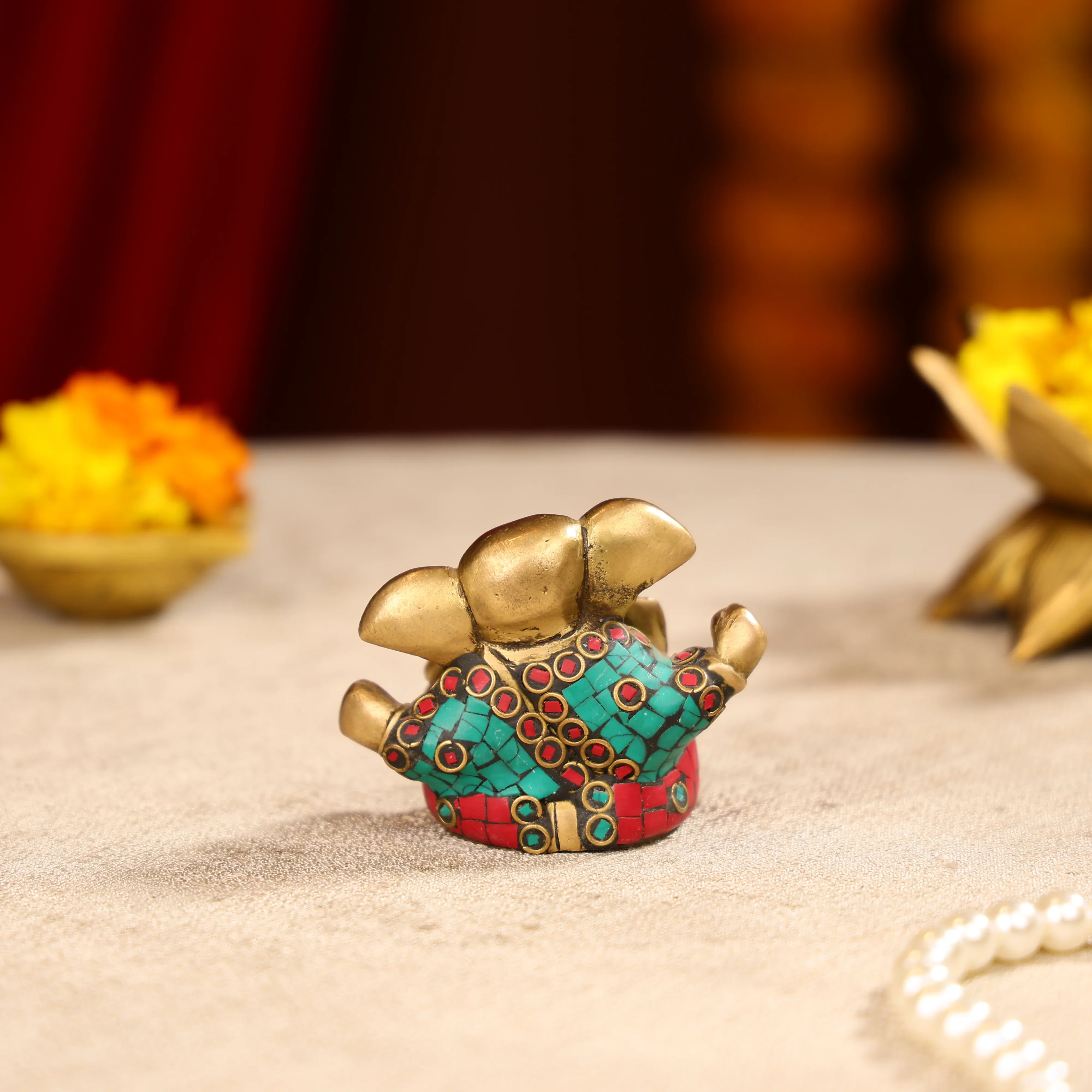 Brass Lord Ganesha Idol With Colourful Traditional Attire - Image 5