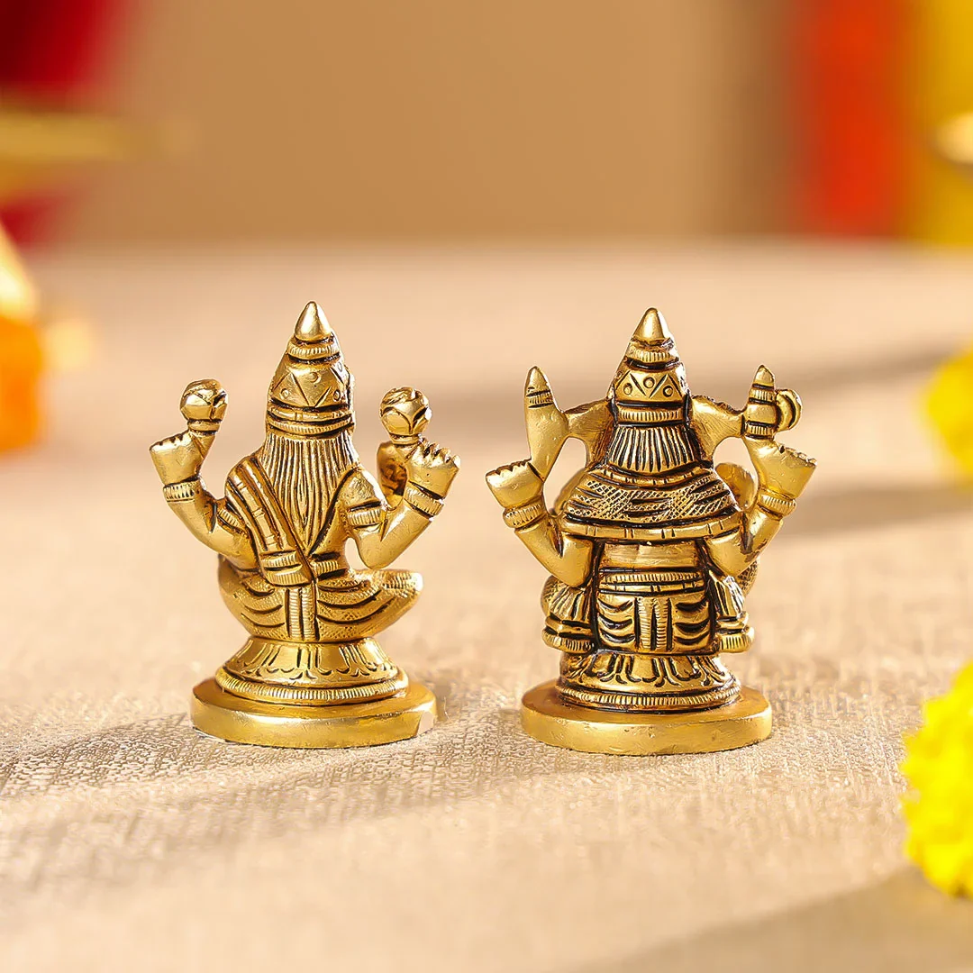 2.5" Brass Lord Ganesha & Laxmi Seated On Round Base Idol Set - Image 3