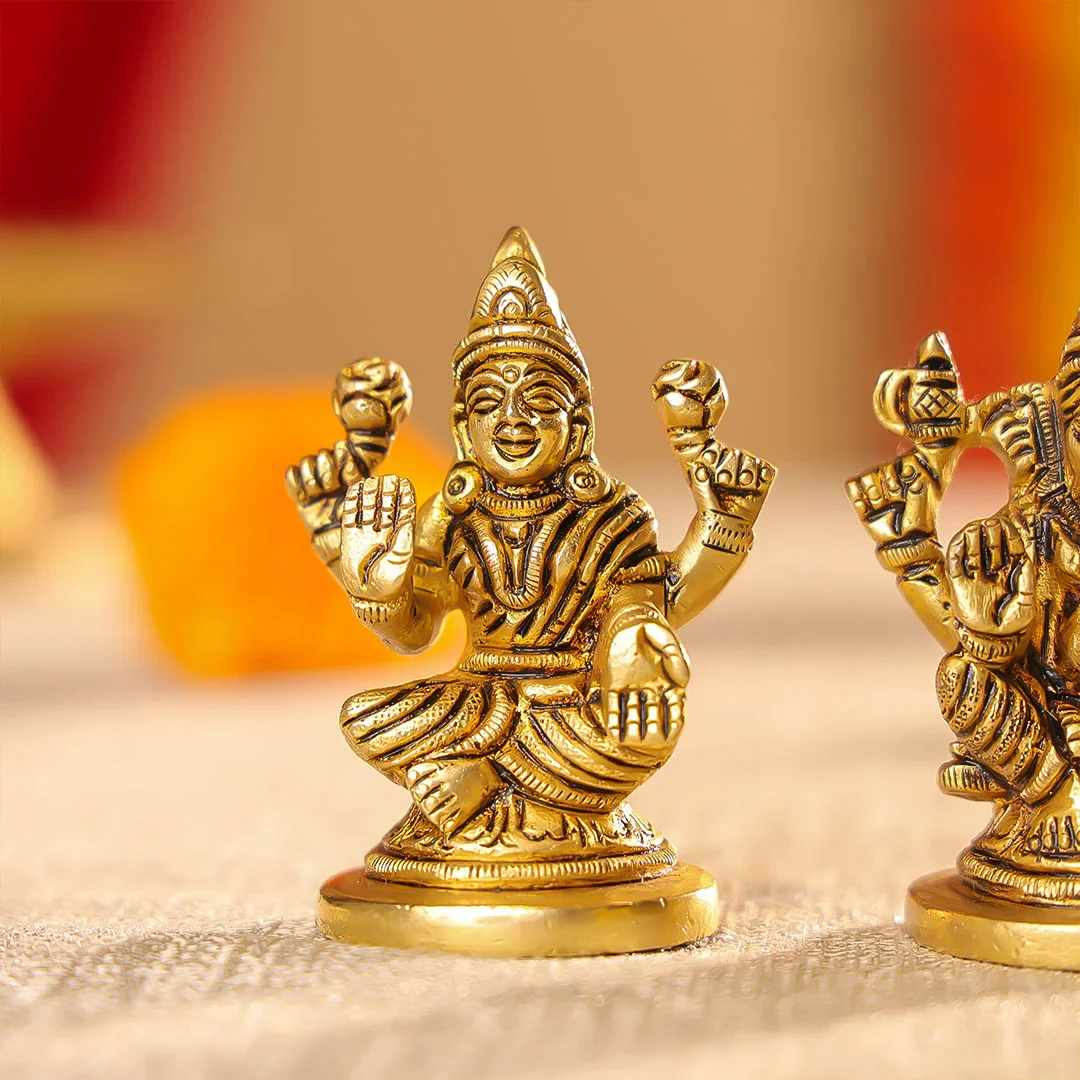 2.5" Brass Lord Ganesha & Laxmi Seated On Round Base Idol Set - Image 5