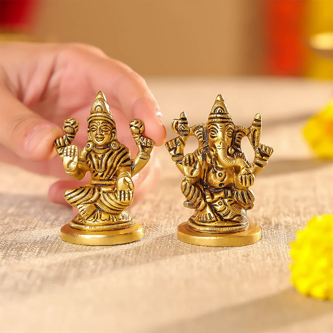 2.5" Brass Lord Ganesha & Laxmi Seated On Round Base Idol Set - Image 7