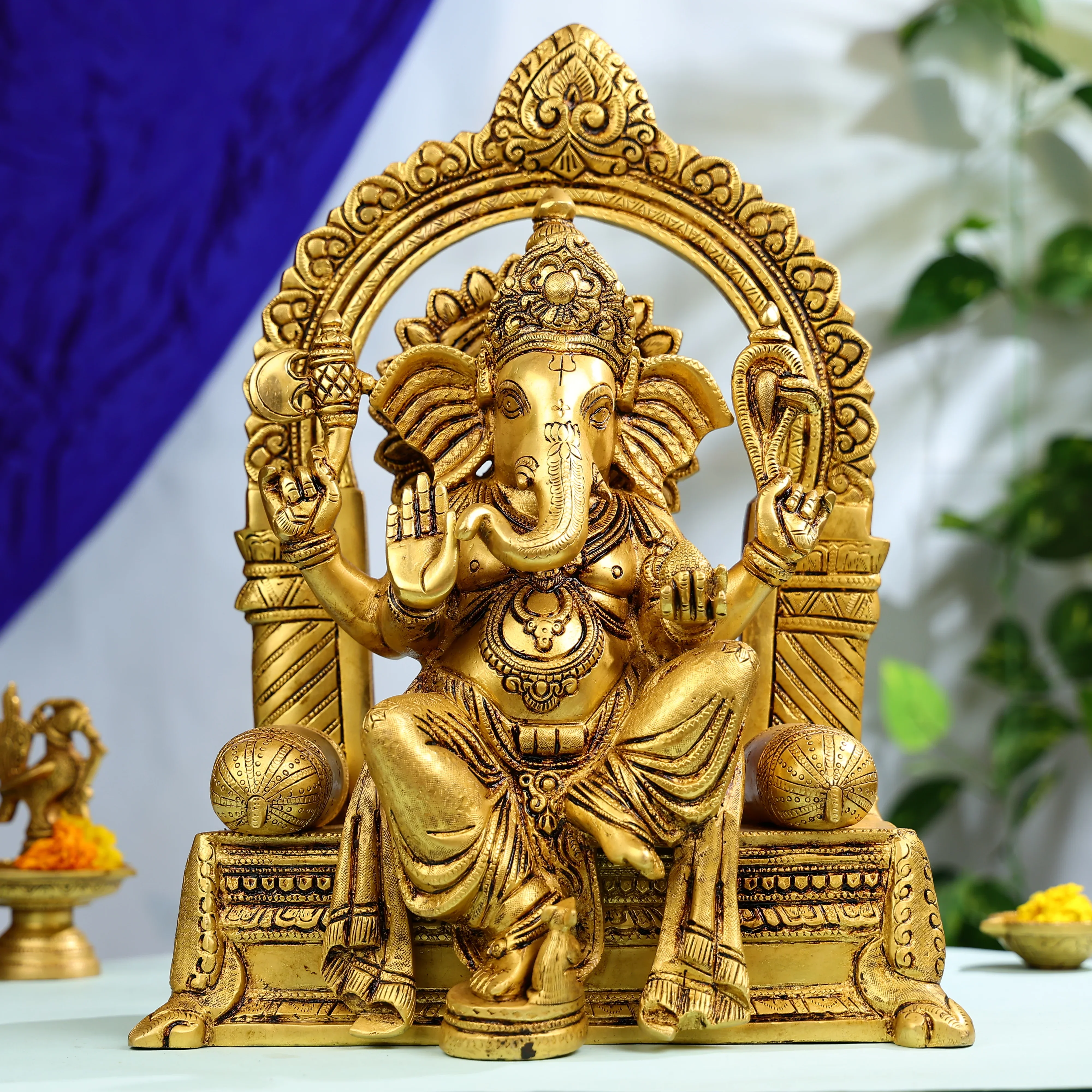 Brass Lord Ganesha On His Singhasan