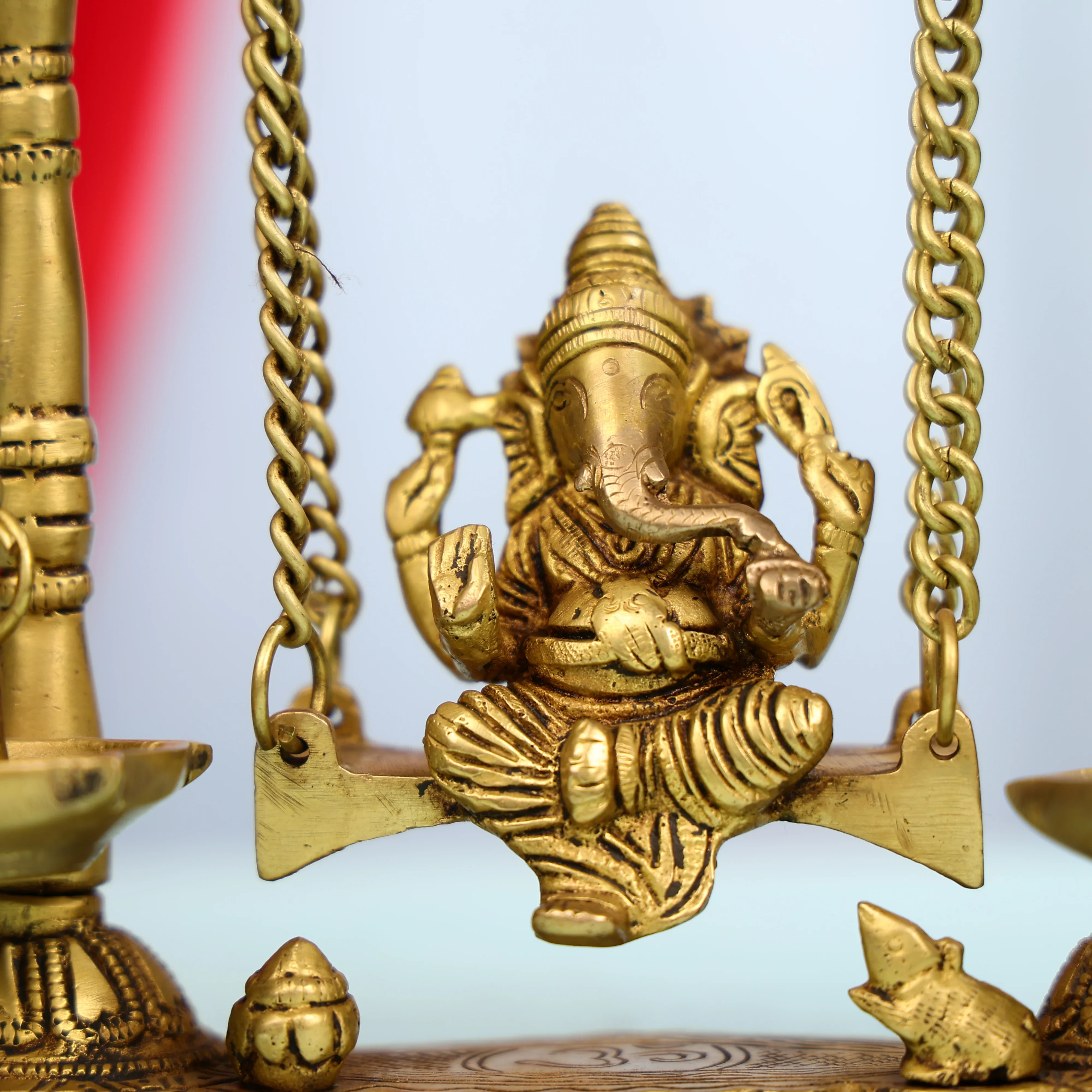 9" Brass Lord Ganesha On Swings Idol With Hanging Panch Diya On Both Sides - Image 10
