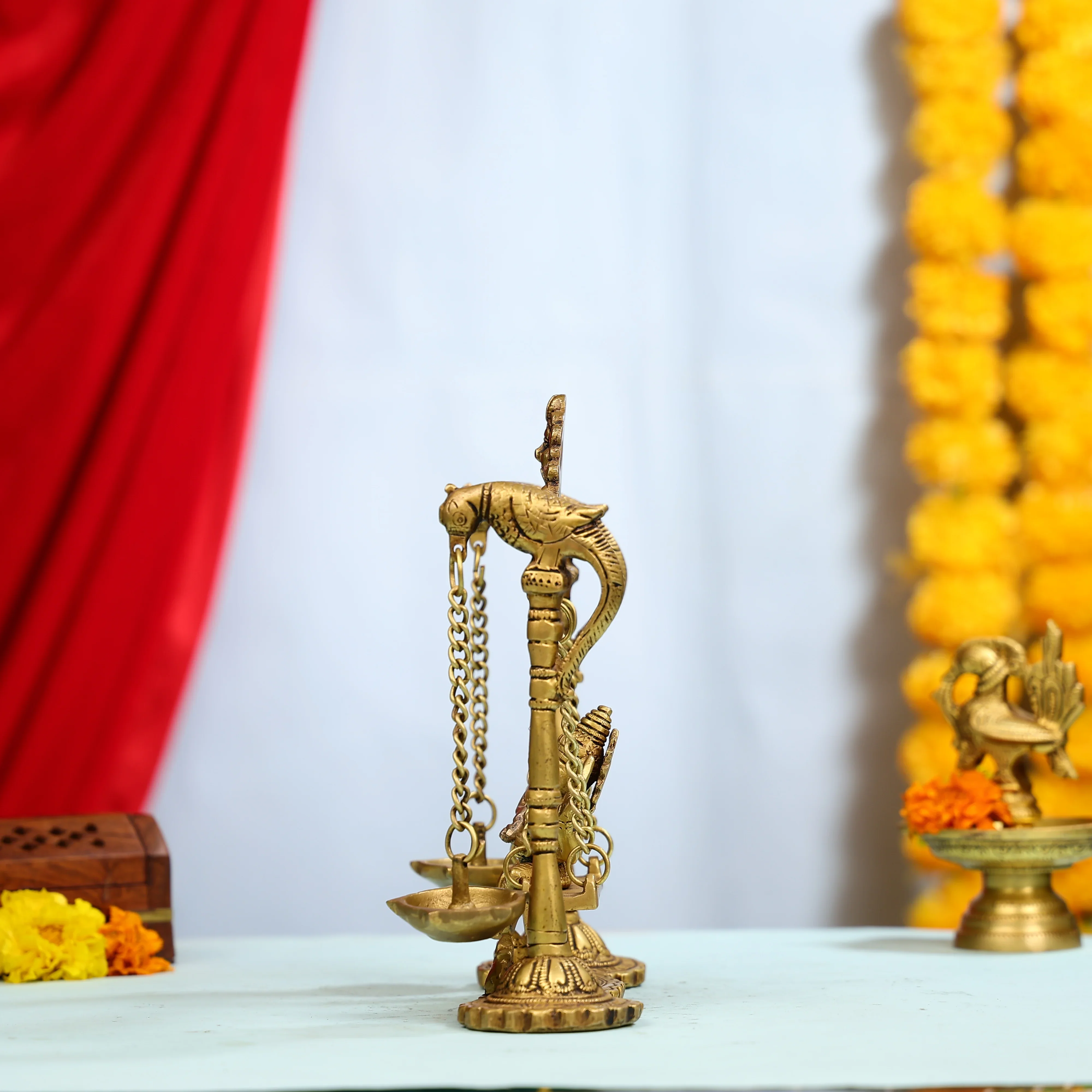 9" Brass Lord Ganesha On Swings Idol With Hanging Panch Diya On Both Sides - Image 4