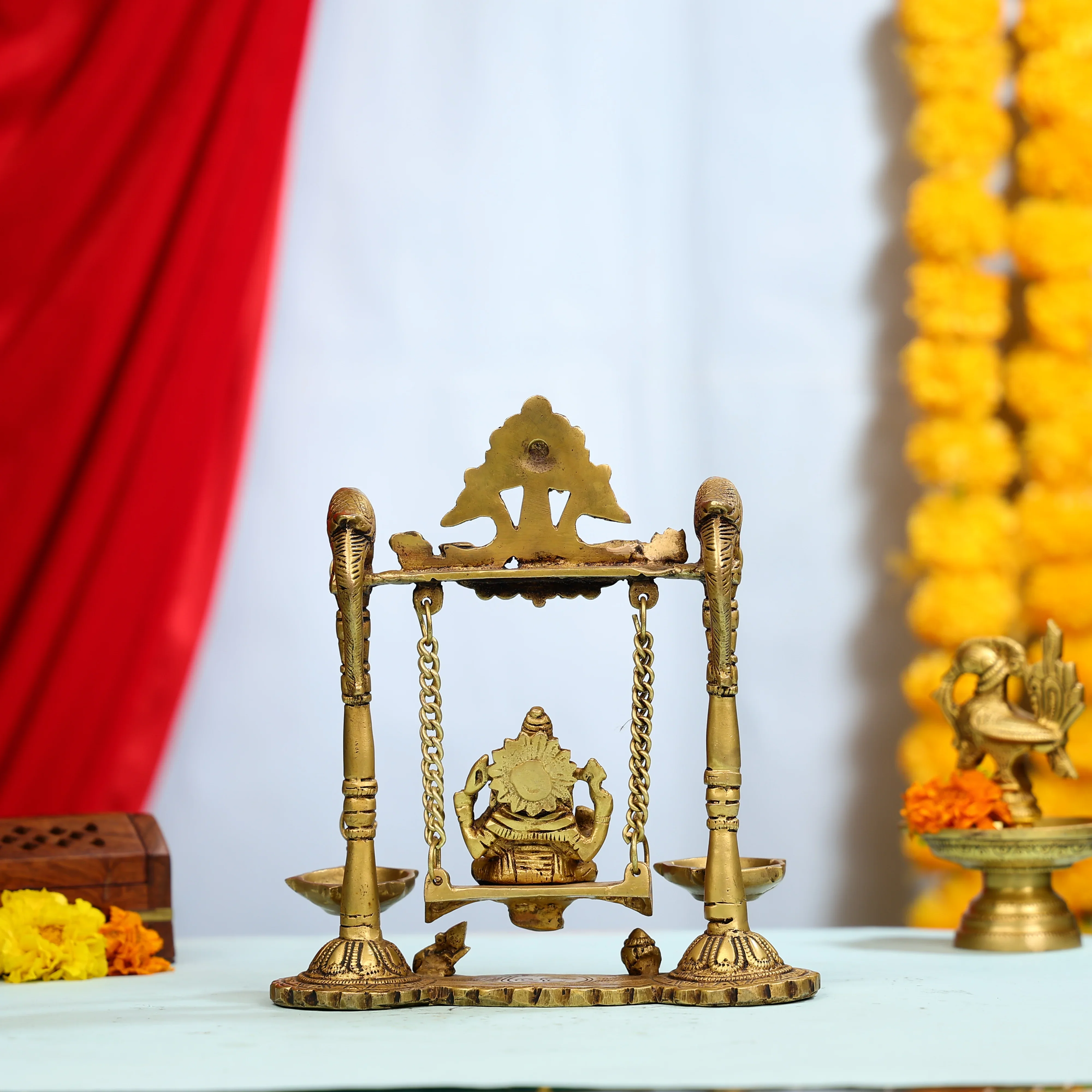 9" Brass Lord Ganesha On Swings Idol With Hanging Panch Diya On Both Sides - Image 5