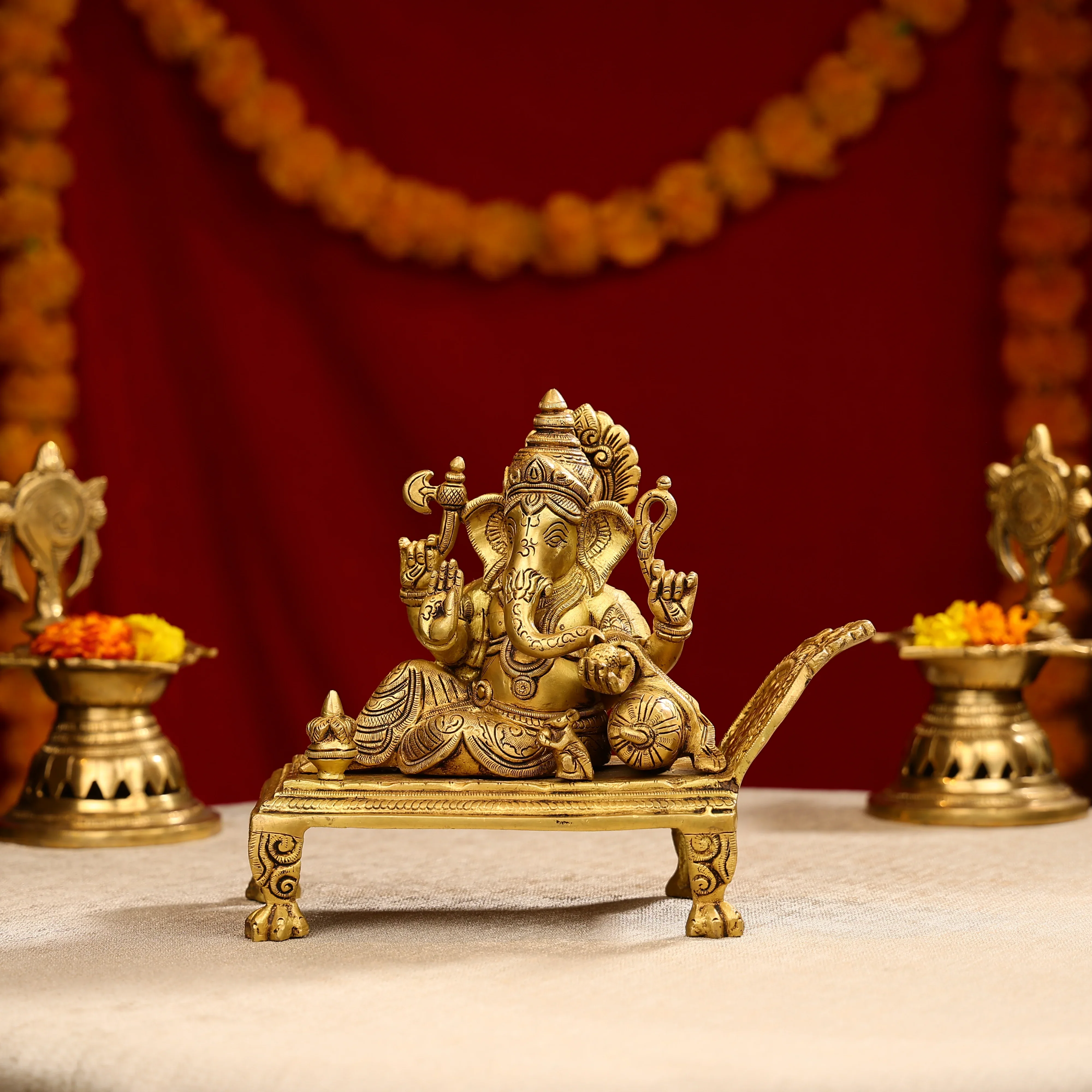 9" Brass Super Fine Blessing Lord Ganesha Resting On Sofa
