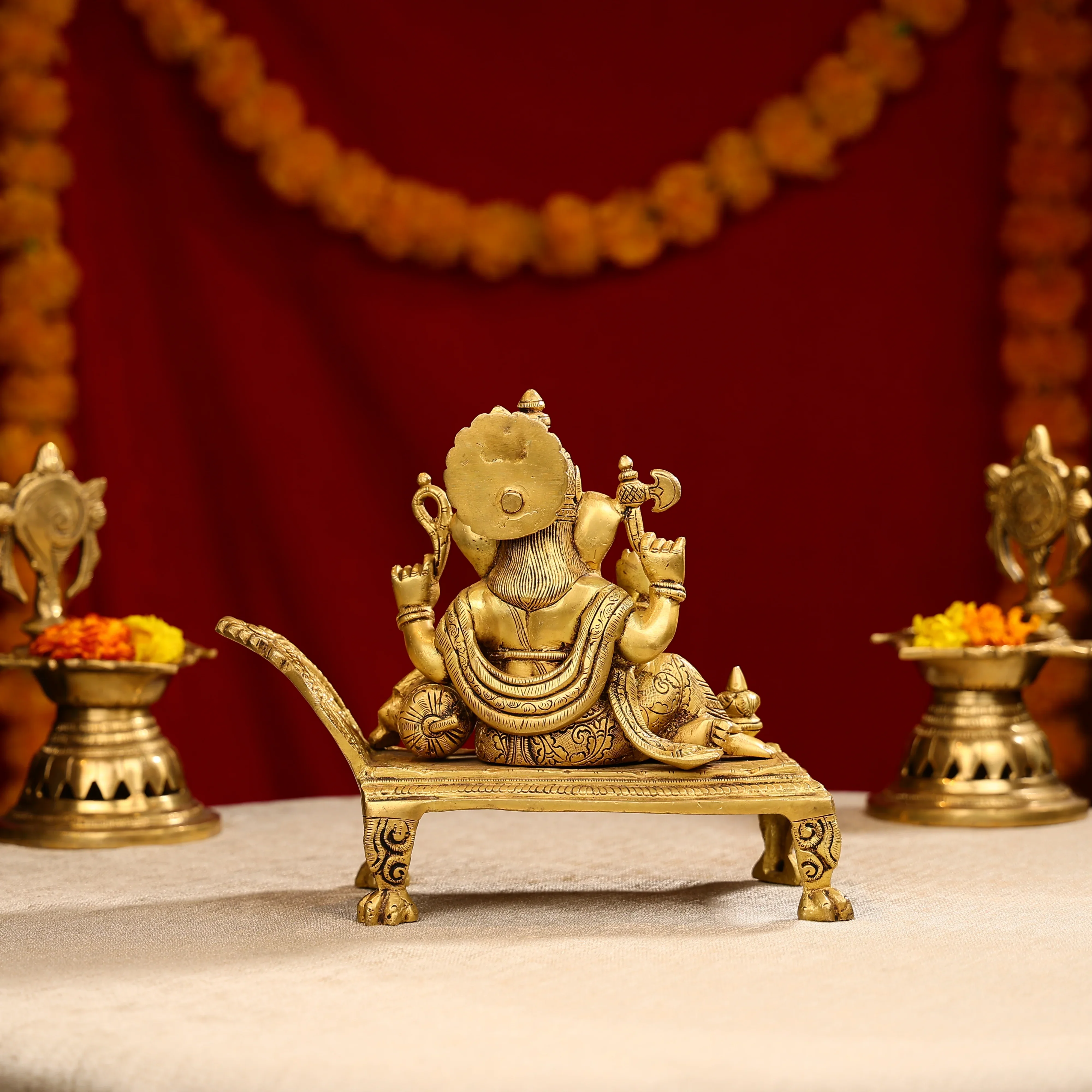 9" Brass Super Fine Blessing Lord Ganesha Resting On Sofa - Image 4