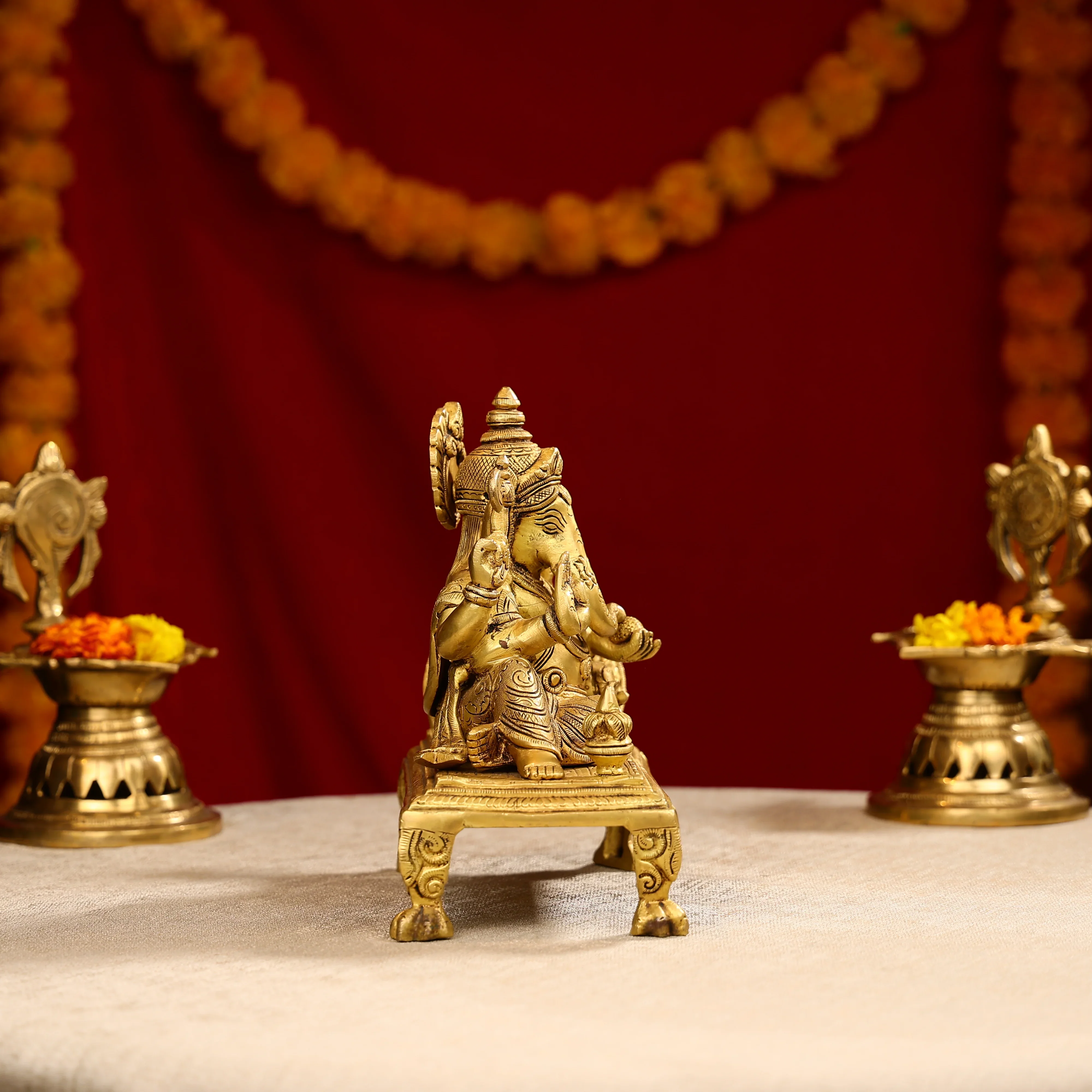 9" Brass Super Fine Blessing Lord Ganesha Resting On Sofa - Image 5