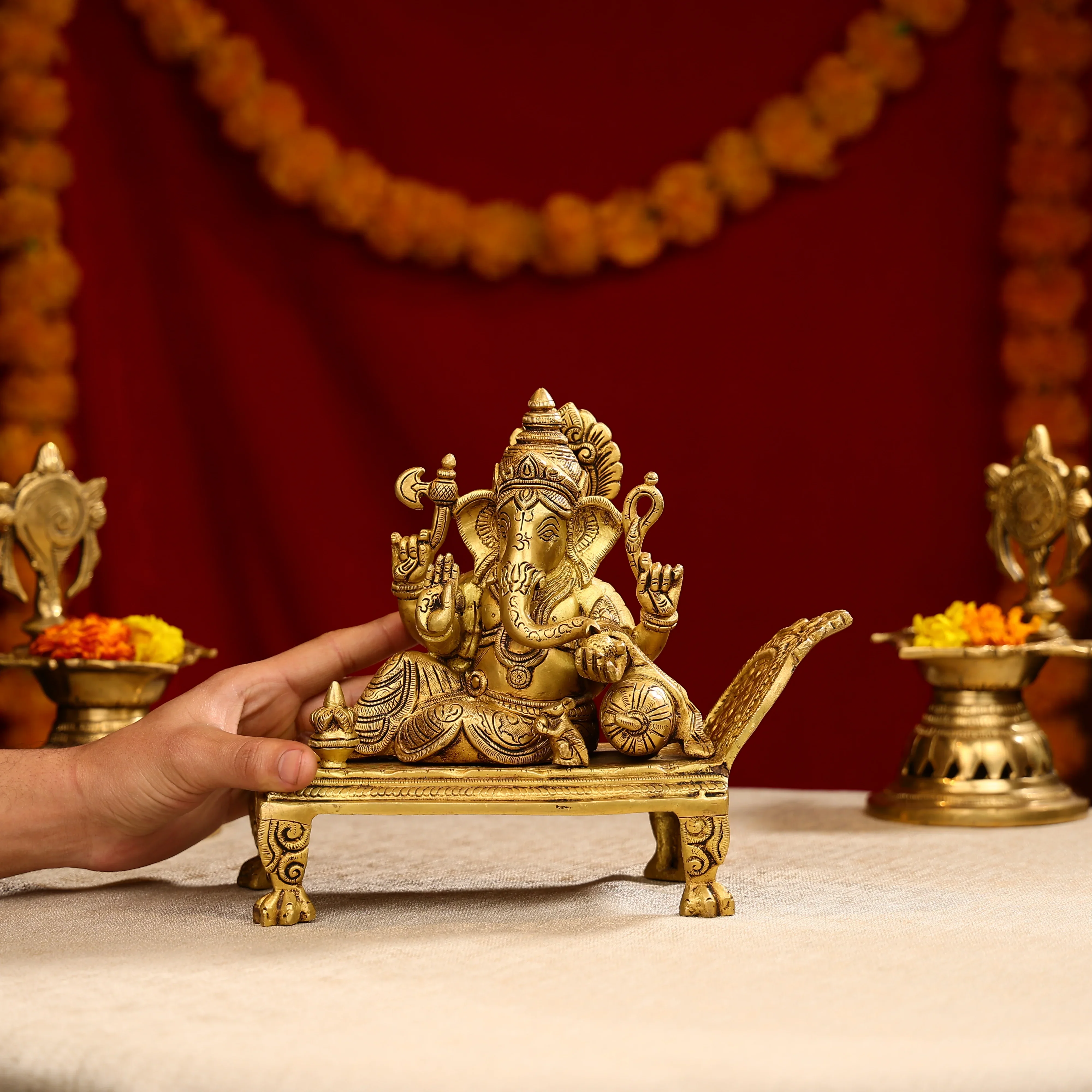 9" Brass Super Fine Blessing Lord Ganesha Resting On Sofa - Image 6