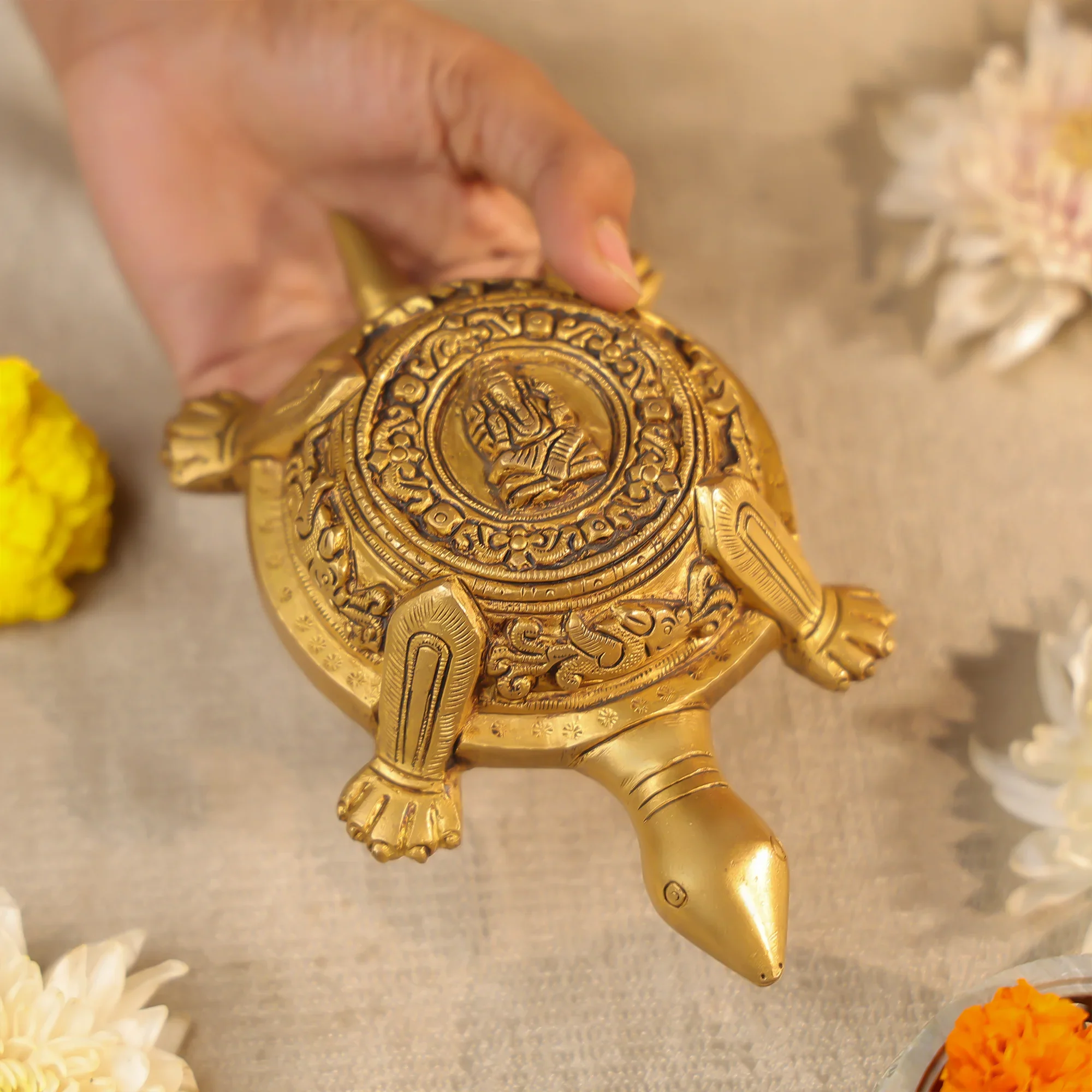 Brass Lord Ganesha Carved Vastu Turtle - Image 5