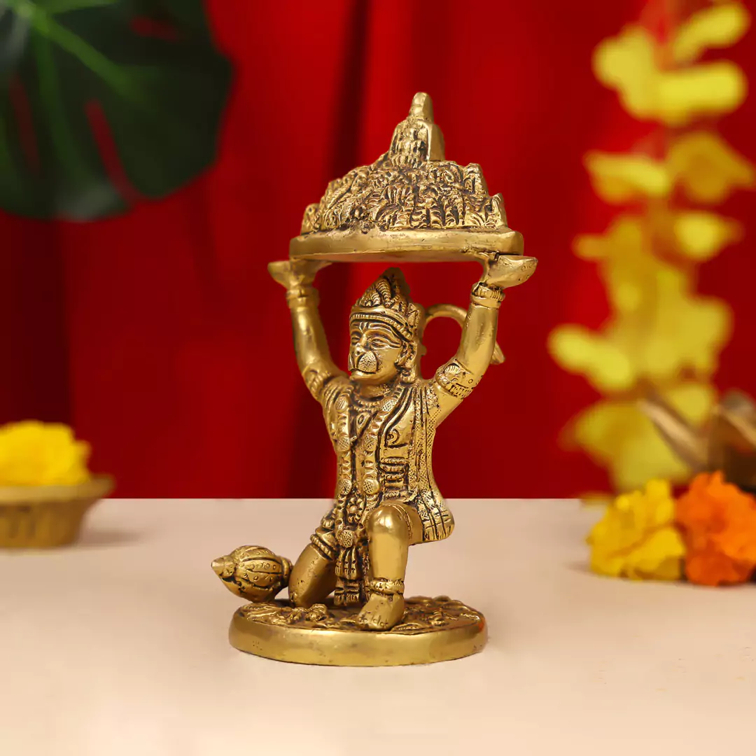 7" Brass Lord Hanuman Idol Carrying The Sanjeevani Mountain - Image 3