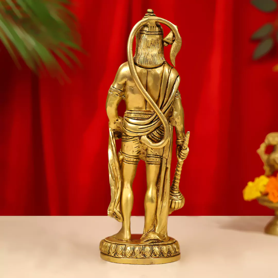 10" Brass Lord Hanuman Idol Standing On Round Base - Image 5
