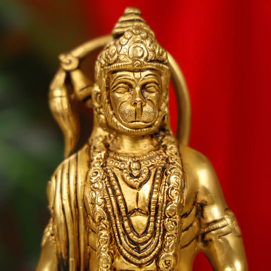 10" Brass Lord Hanuman Idol Standing On Round Base - Image 6