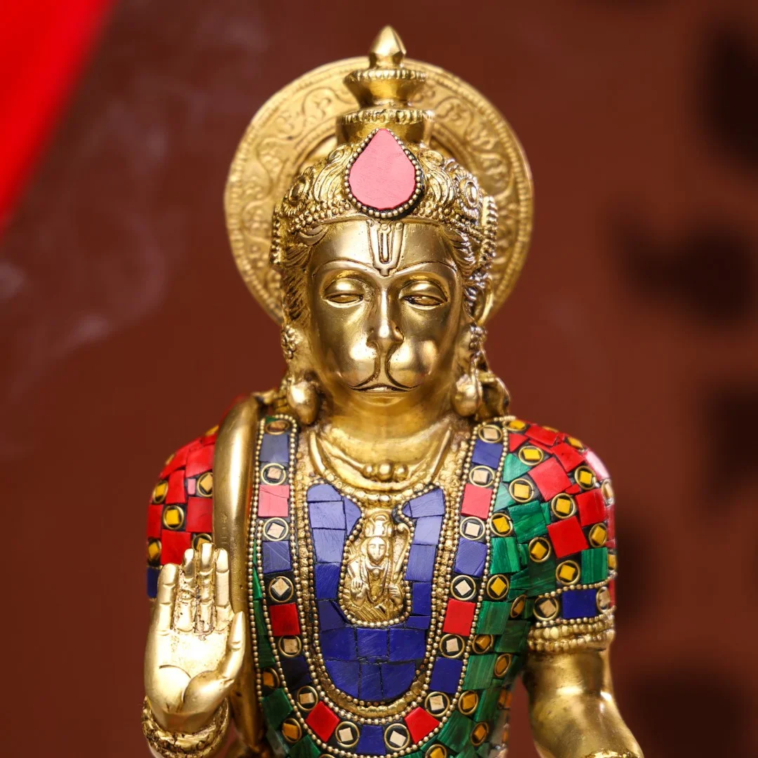 Brass Lord Hanuman Idol With Stone Work - Image 2