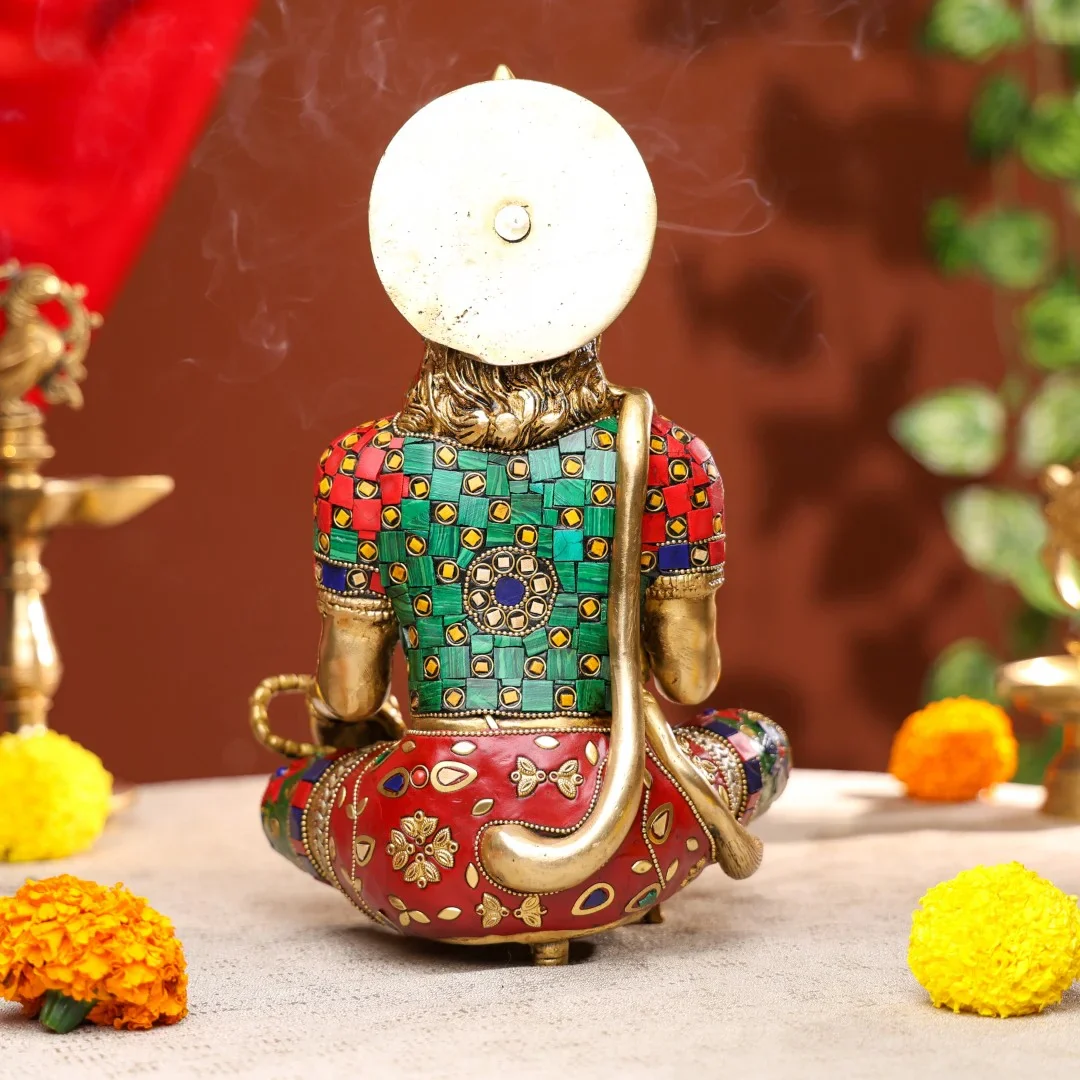Brass Lord Hanuman Idol With Stone Work - Image 4