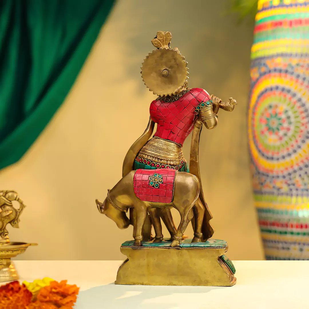 14" Brass Lord Krishna Fluting Idol with Cow in Background - Stone Work - Image 3