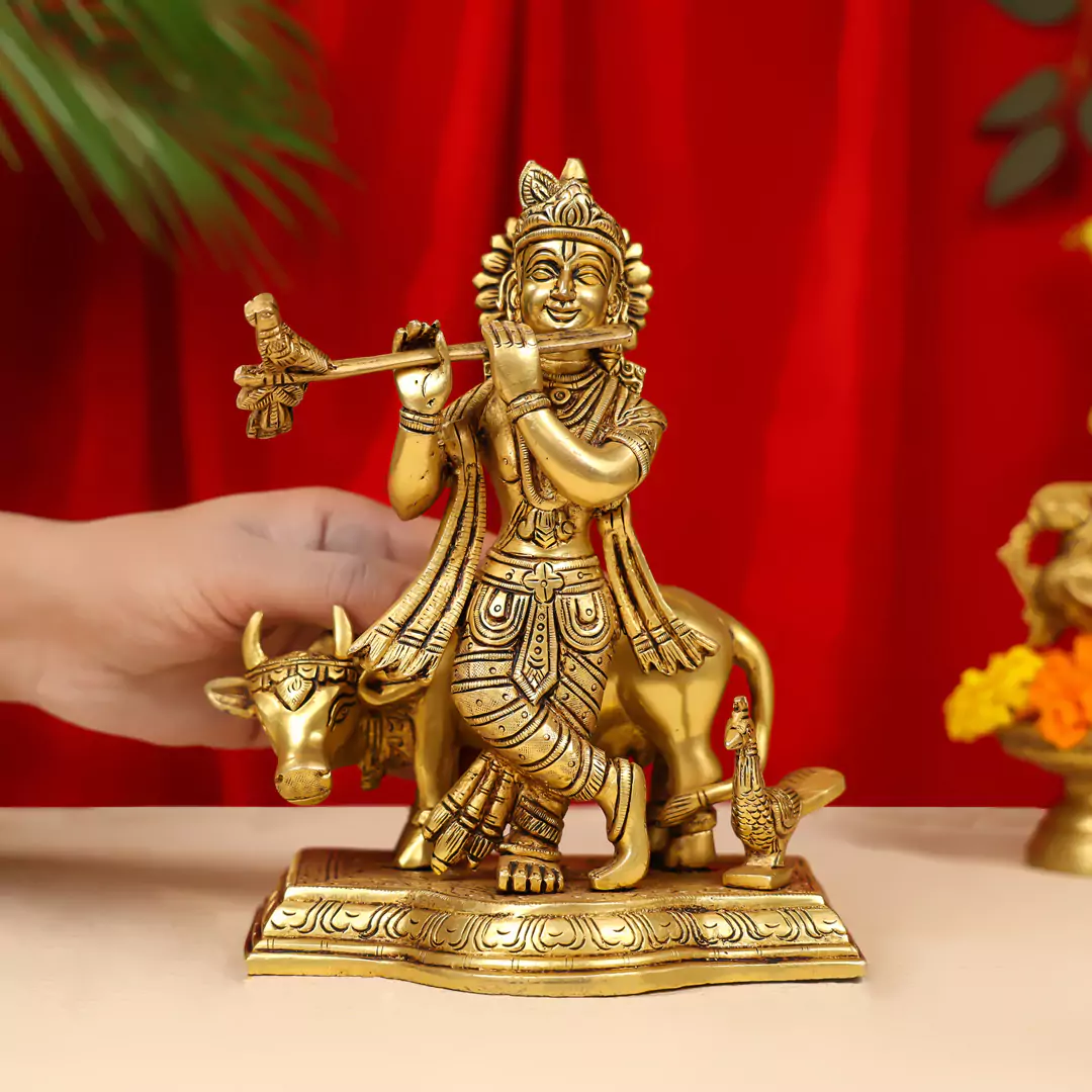 9" Brass Lord Krishna Idol Fluting With Cow In Background - Image 5