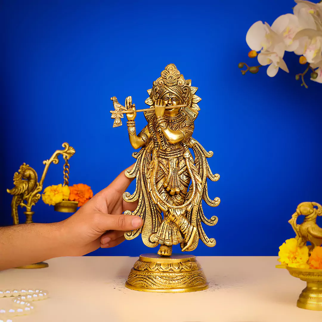 13" Brass Lord Krishna Murlidhar Idol Standing In King Attire - Image 4
