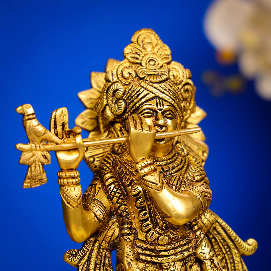 13" Brass Lord Krishna Murlidhar Idol Standing In King Attire - Image 5