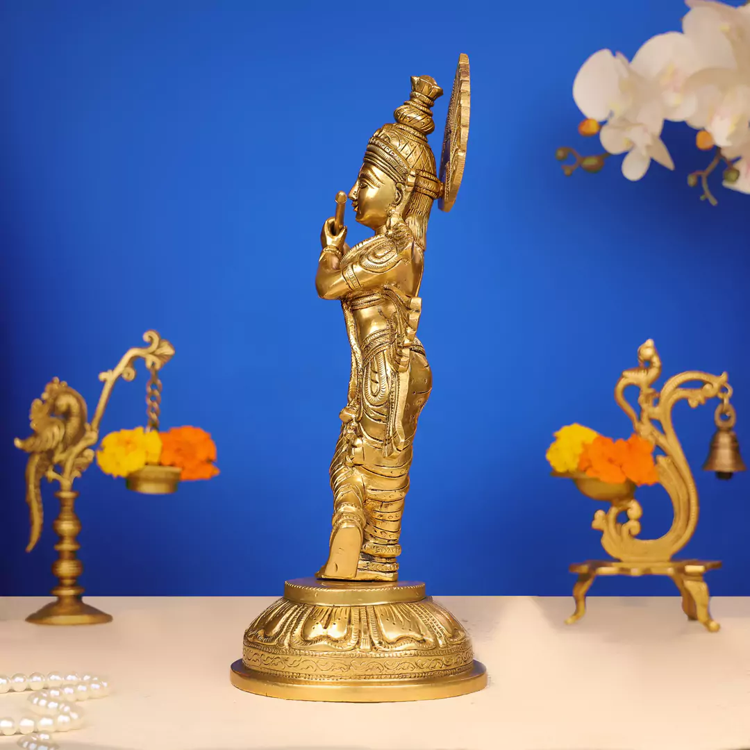 15" Brass Lord Krishna Murlidhar Idol Standing On Leaf Design Base - Image 4